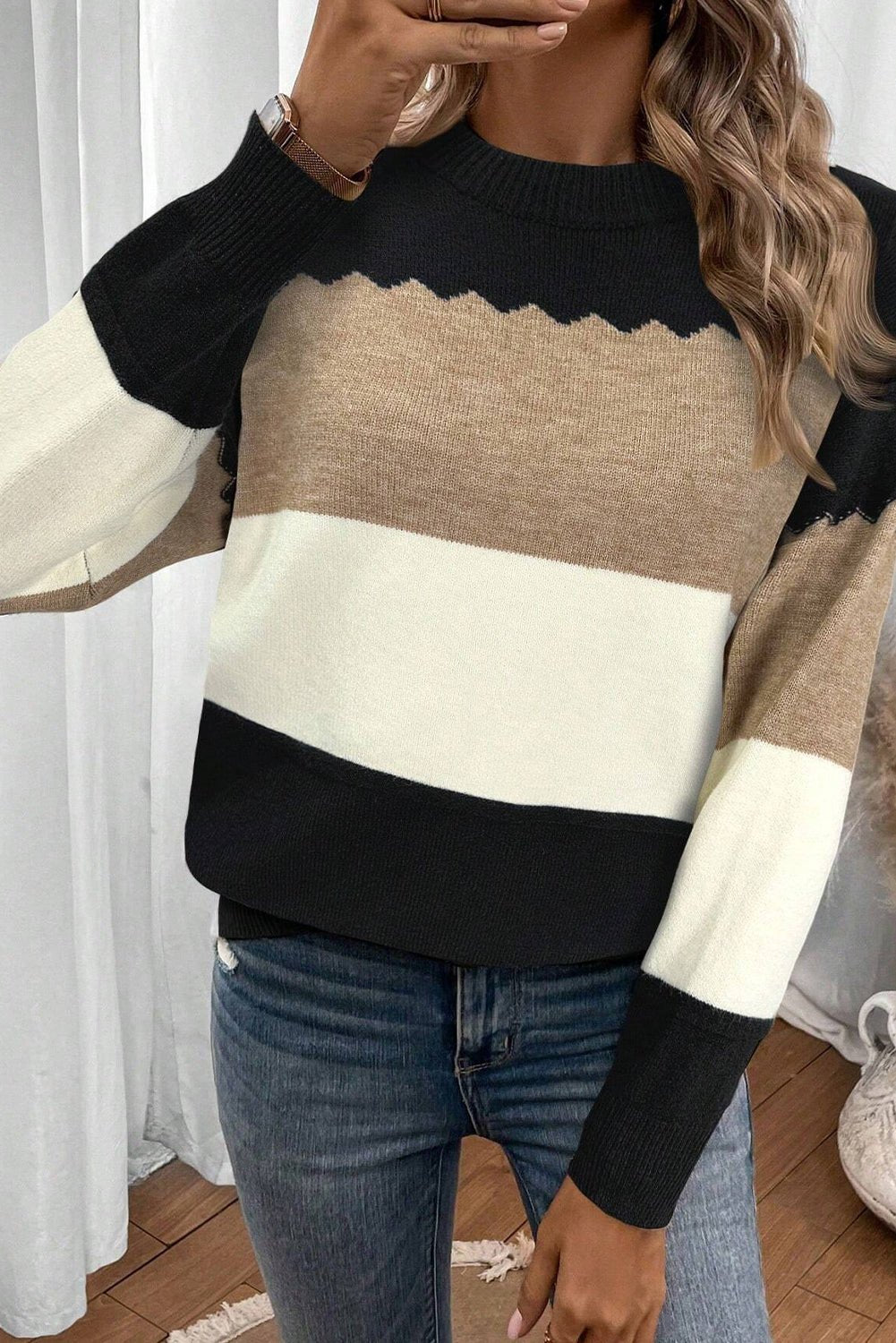 Black Colorblock Crew Neck Drop Shoulder Sweater - MAD RUFFI