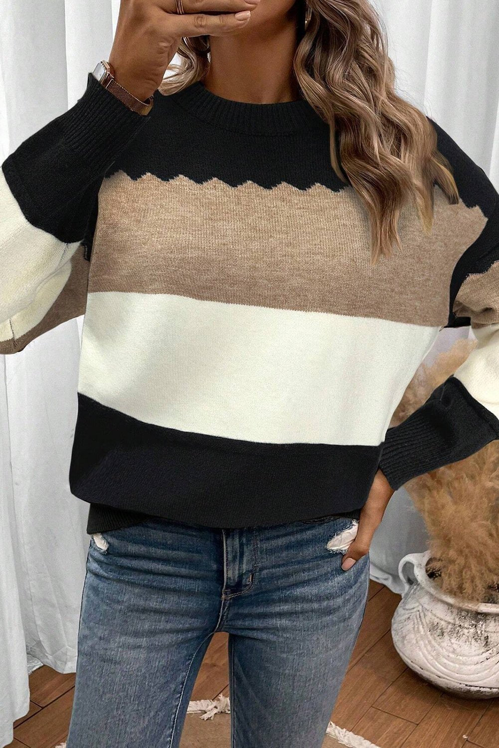 Black Colorblock Crew Neck Drop Shoulder Sweater - MAD RUFFI