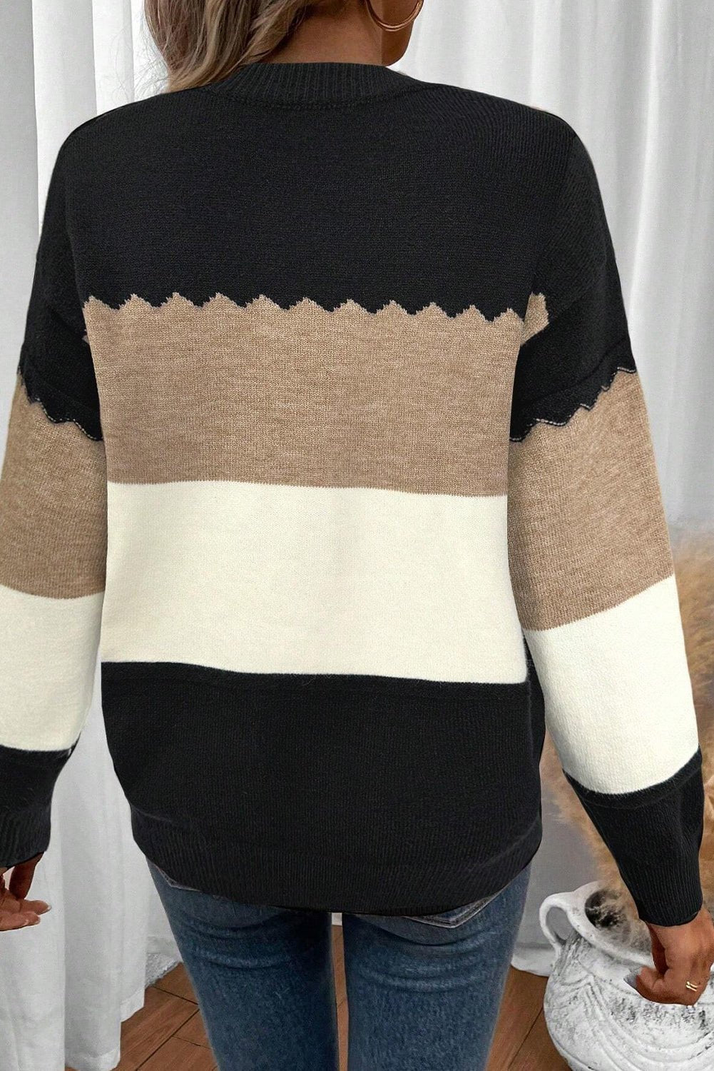 Black Colorblock Crew Neck Drop Shoulder Sweater - MAD RUFFI