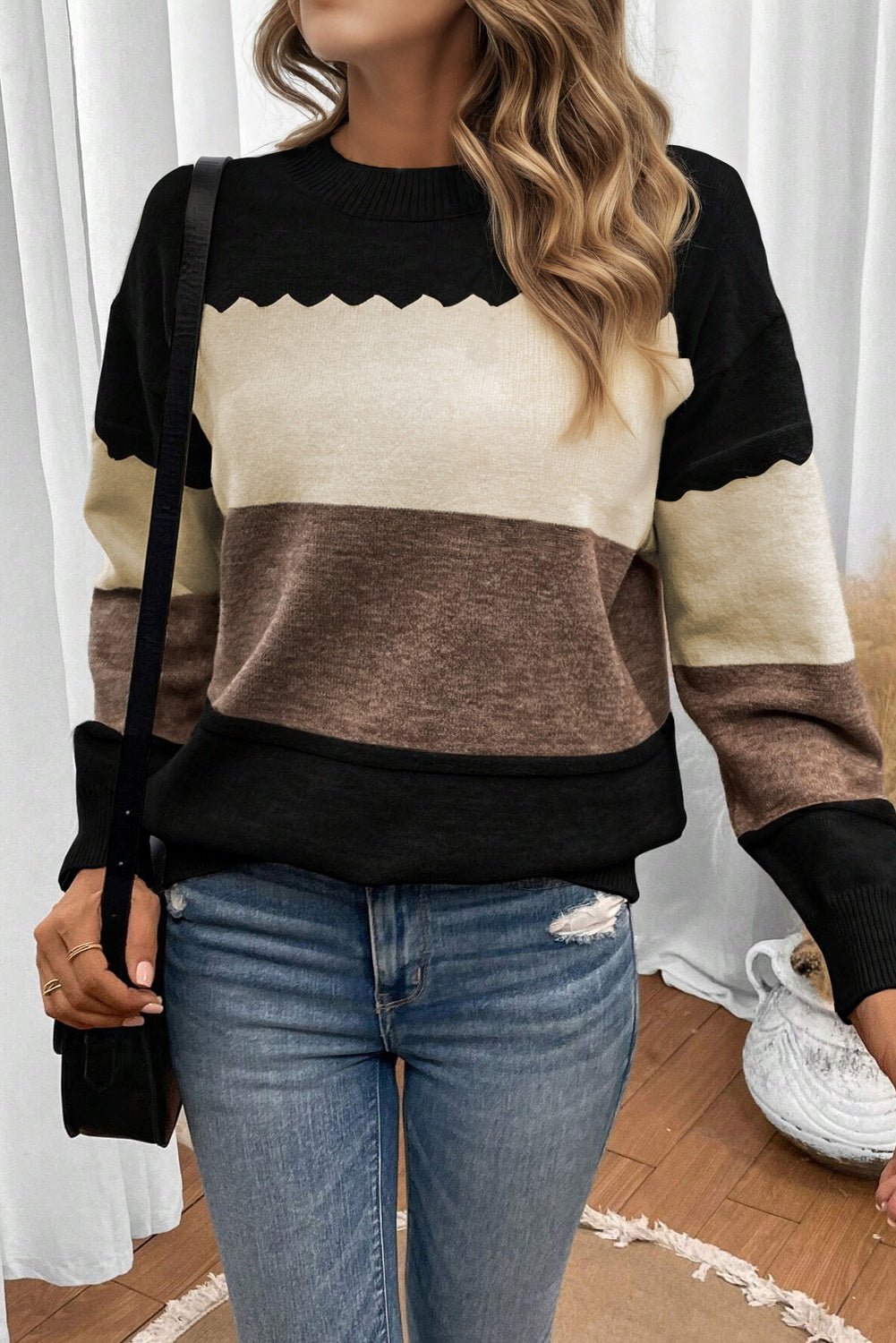 Black Colorblock Crew Neck Drop Shoulder Sweater - MAD RUFFI