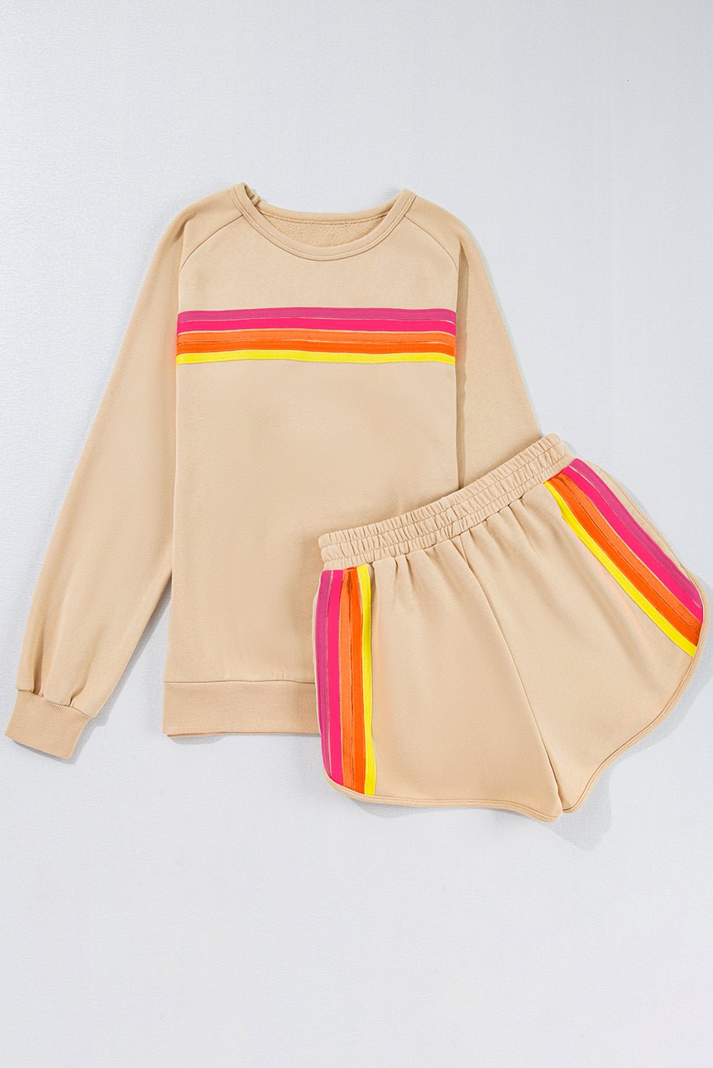 Black Colorful Striped Long Sleeve Pullover and Shorts Set - MAD RUFFI