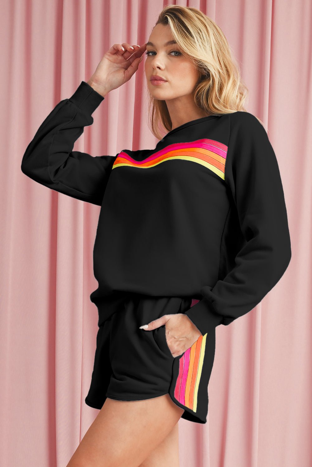Black Colorful Striped Long Sleeve Pullover and Shorts Set - MAD RUFFI
