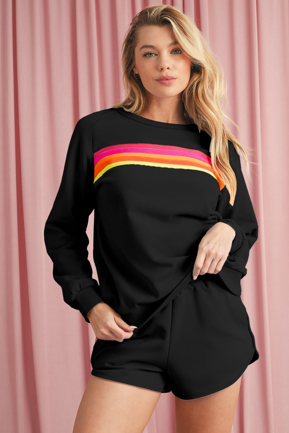 Black Colorful Striped Long Sleeve Pullover and Shorts Set - MAD RUFFI