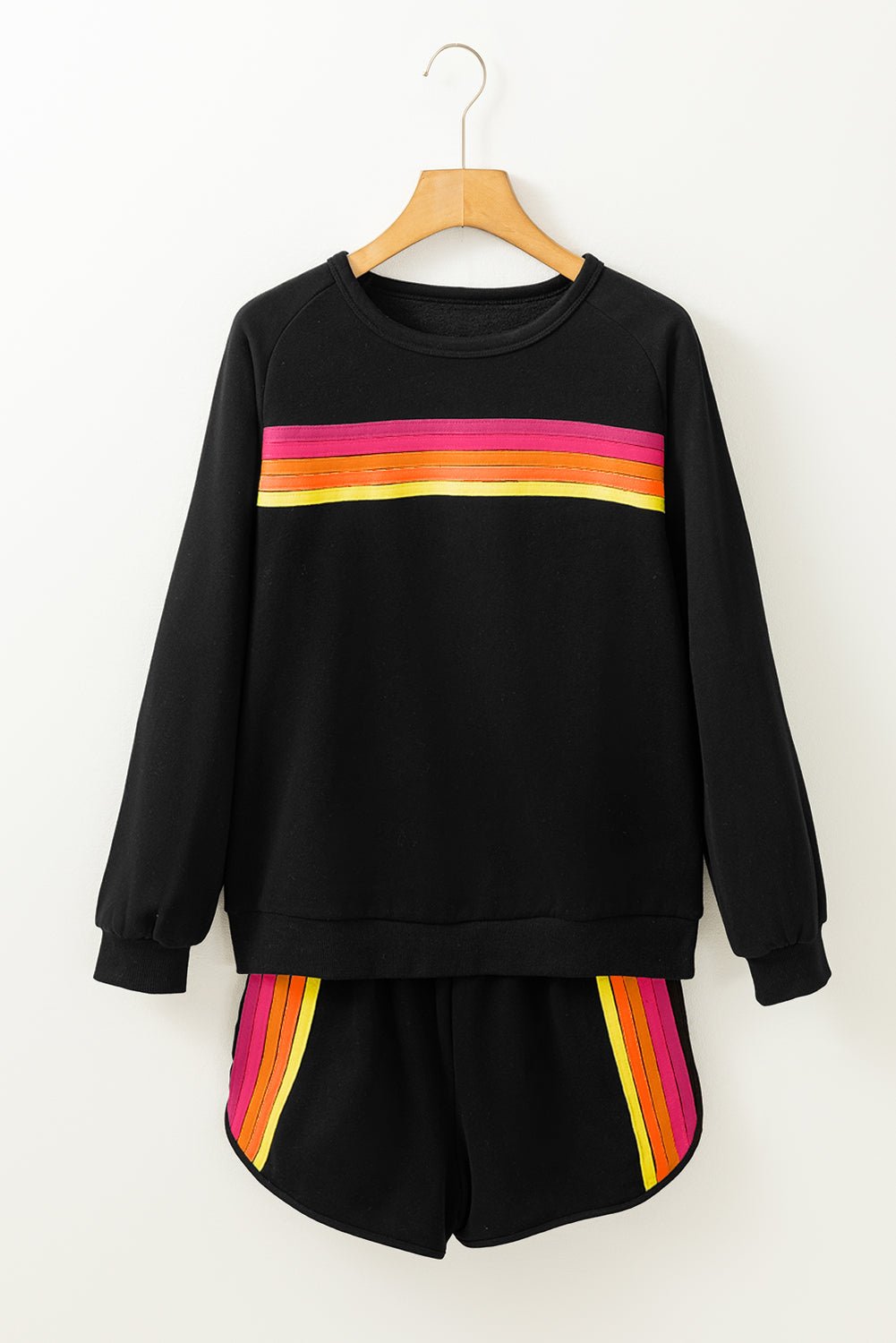 Black Colorful Striped Long Sleeve Pullover and Shorts Set - MAD RUFFI