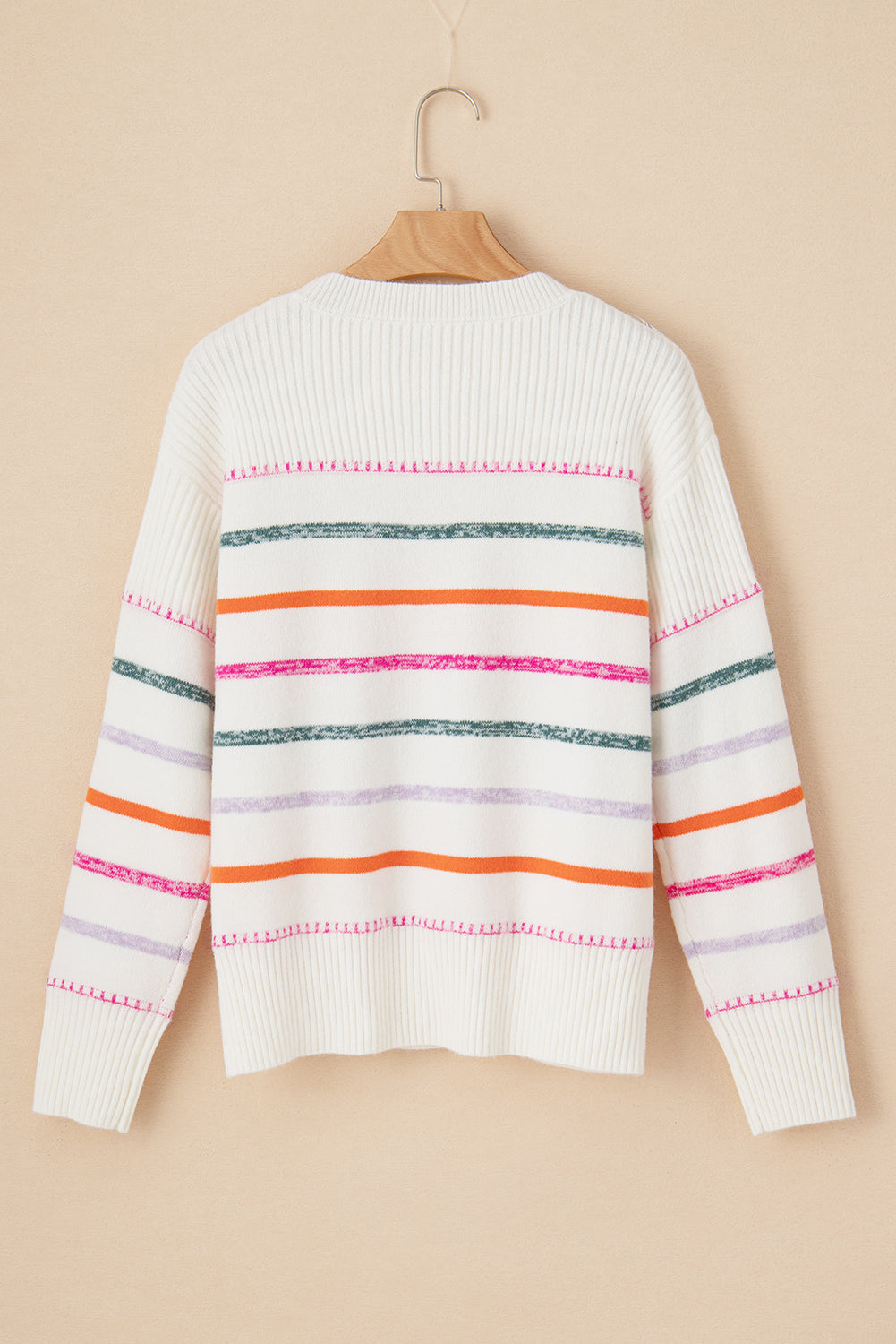 Black Colorful Striped Ribbed Trim Round Neck Sweater - MAD RUFFI