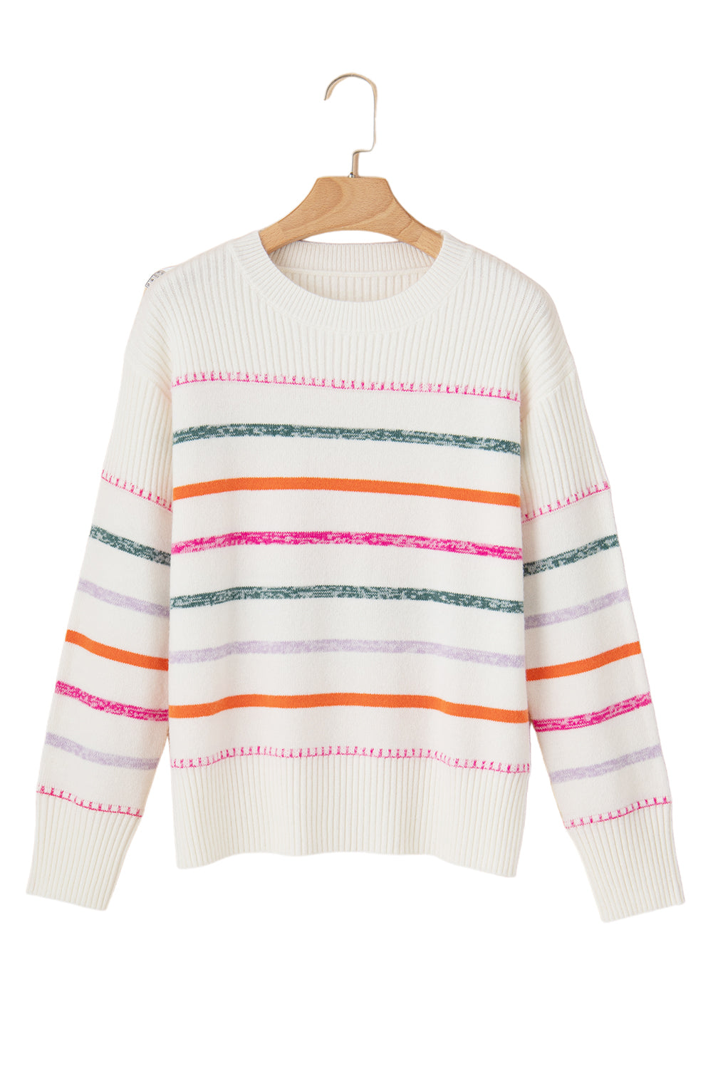 Black Colorful Striped Ribbed Trim Round Neck Sweater - MAD RUFFI