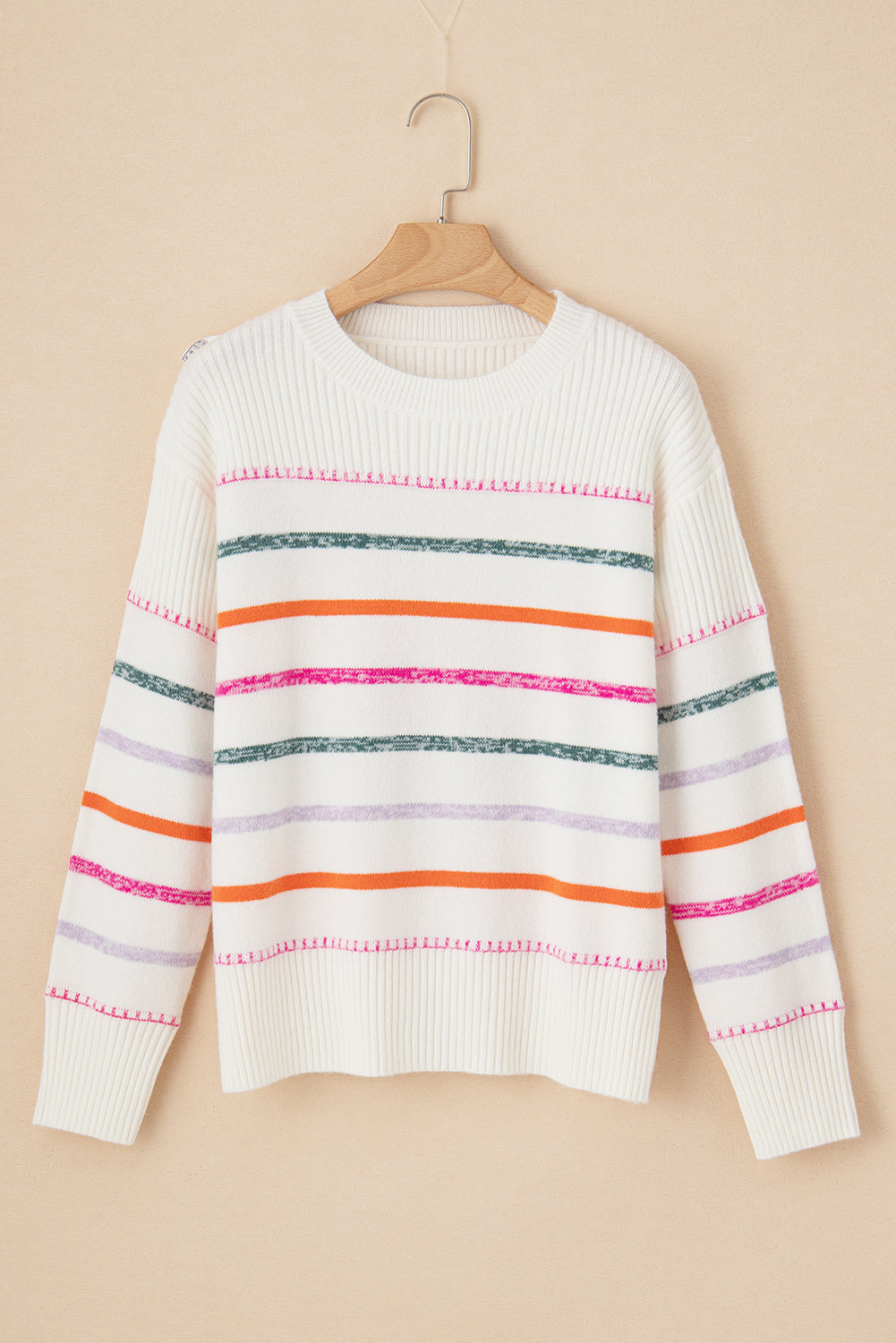 Black Colorful Striped Ribbed Trim Round Neck Sweater - MAD RUFFI