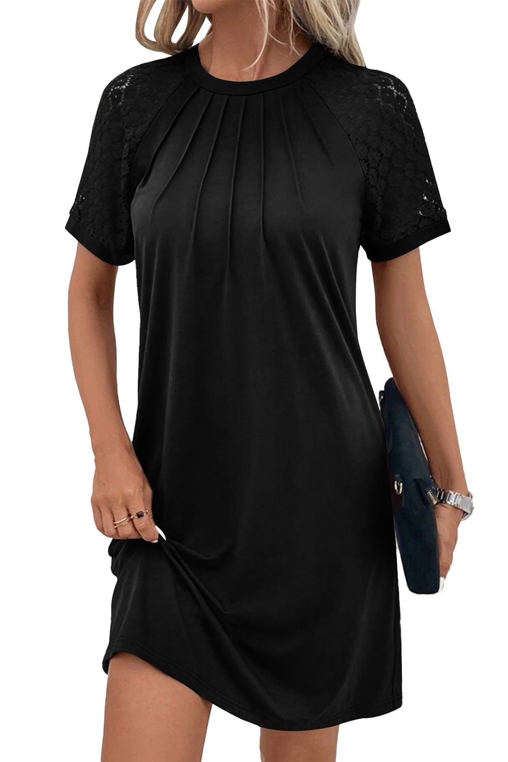 Black Contrast Lace Raglan Sleeve Pleated Mini Dress - MAD RUFFI