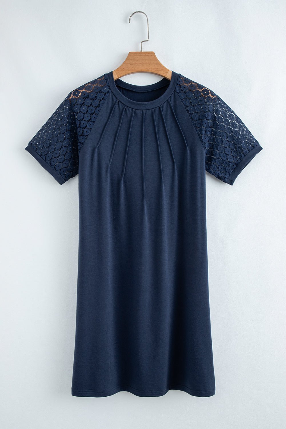 Black Contrast Lace Raglan Sleeve Pleated Mini Dress - MAD RUFFI