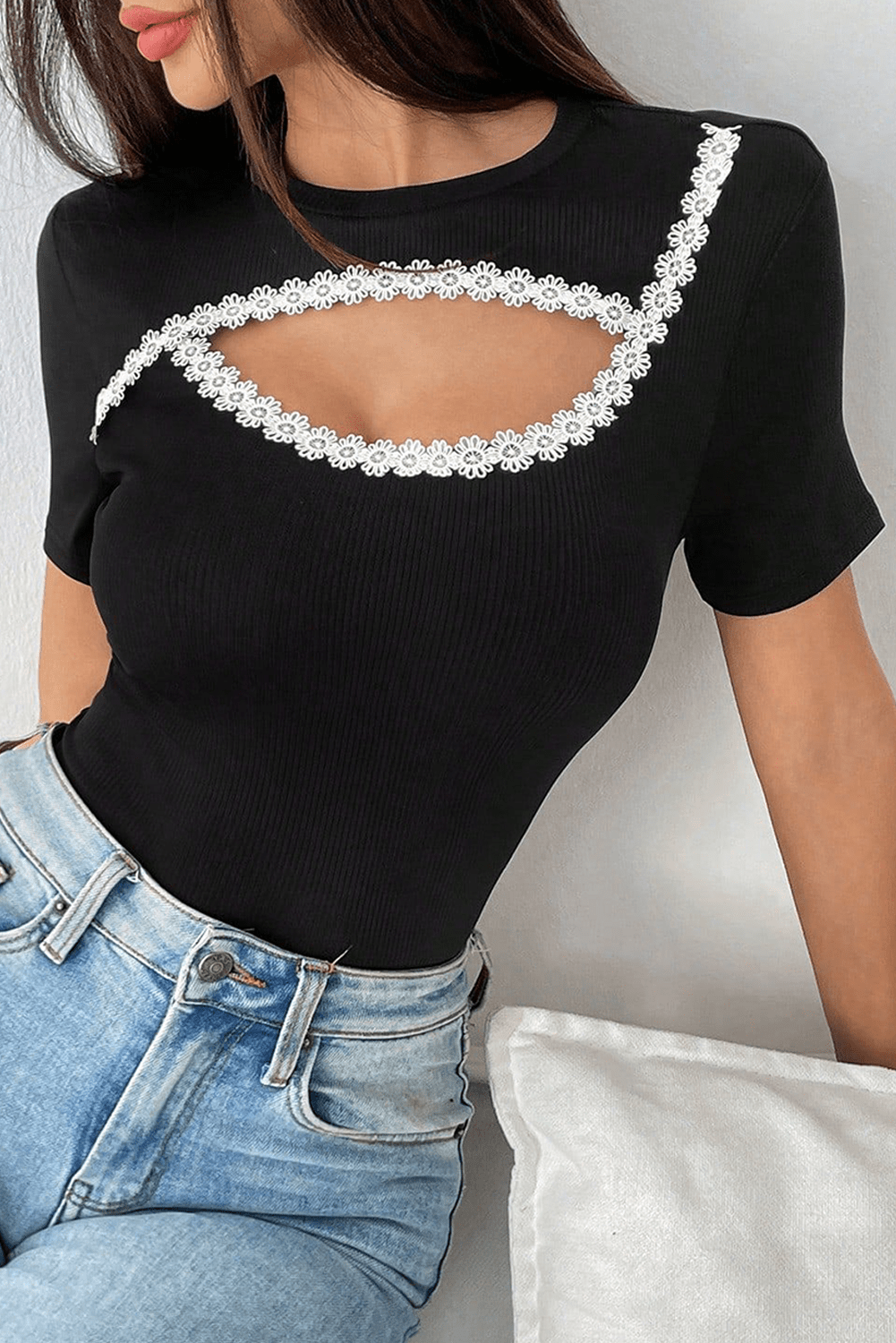 black contrast lace trim cut out slim fit ribbed top - MAD RUFFI