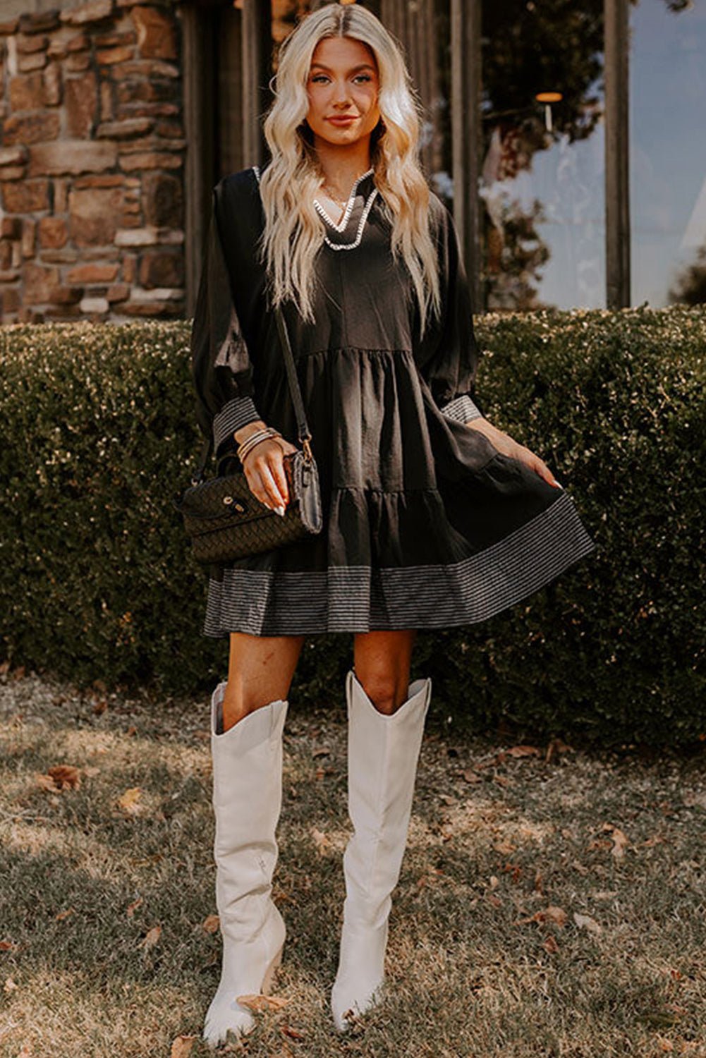 Black Contrast Stitched V Neck 3/4 Sleeve Swing Mini Dress - MAD RUFFI