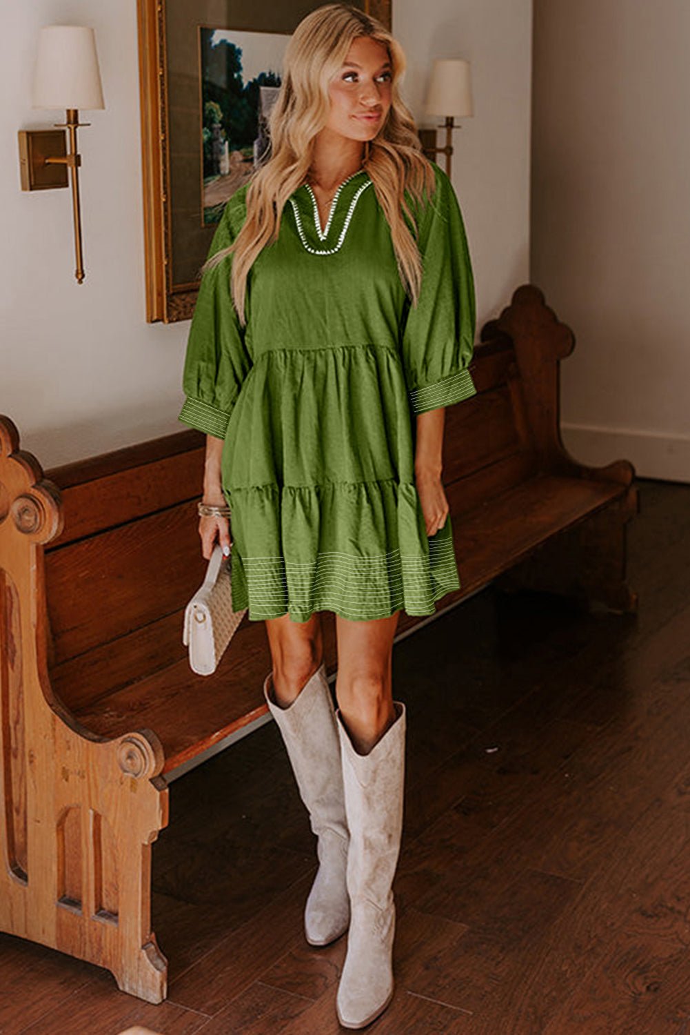 Black Contrast Stitched V Neck 3/4 Sleeve Swing Mini Dress - MAD RUFFI