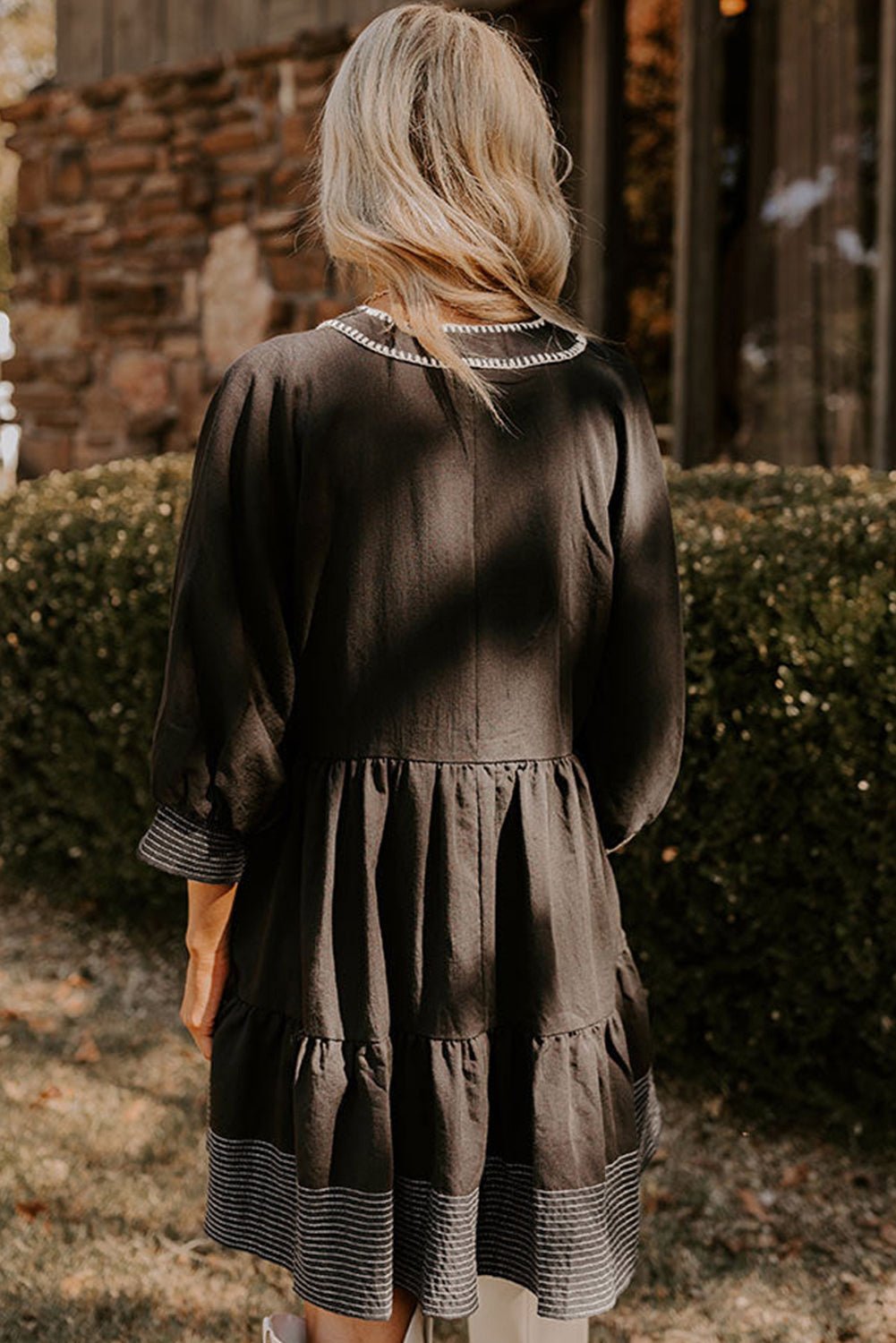 Black Contrast Stitched V Neck 3/4 Sleeve Swing Mini Dress - MAD RUFFI