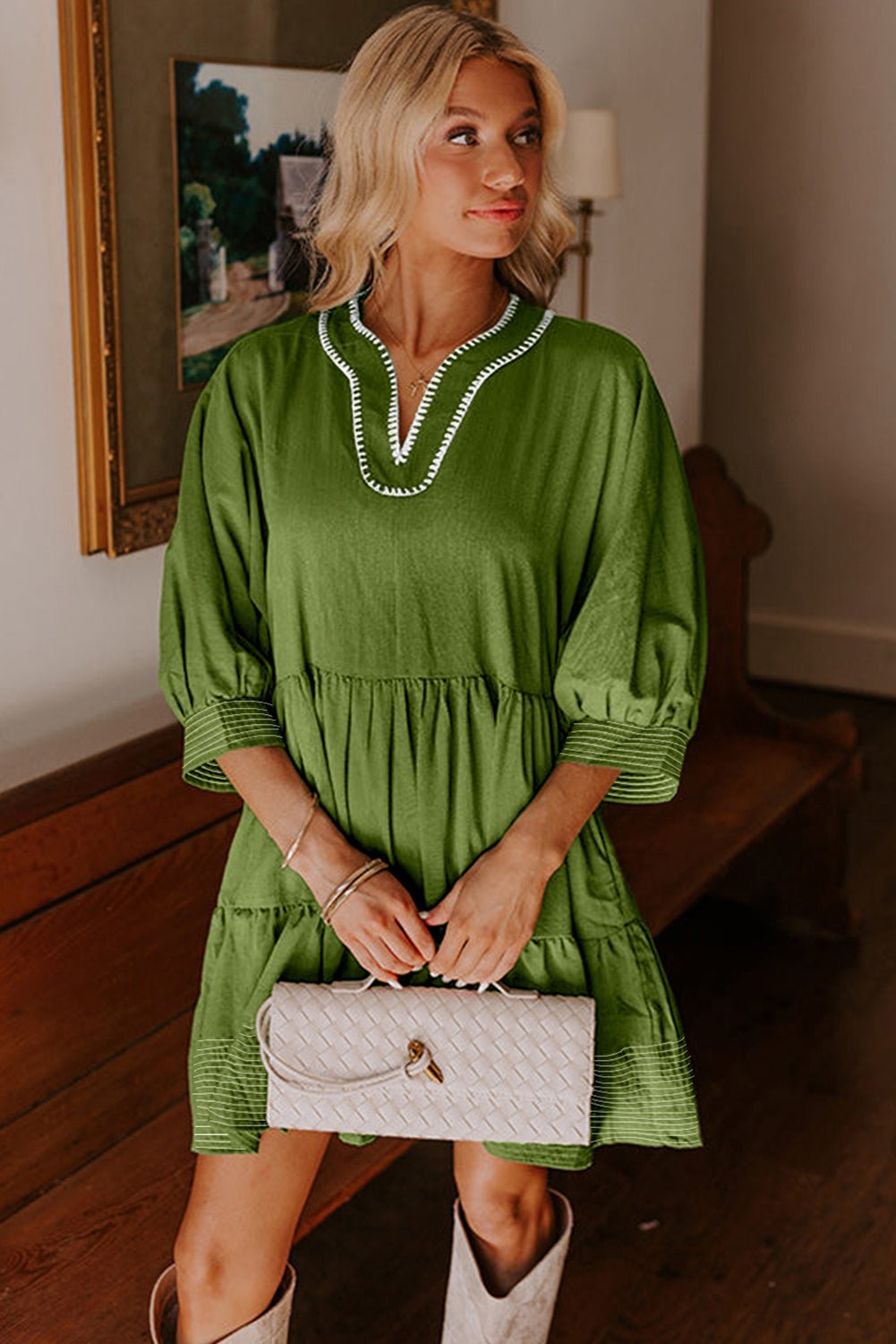 Black Contrast Stitched V Neck 3/4 Sleeve Swing Mini Dress - MAD RUFFI