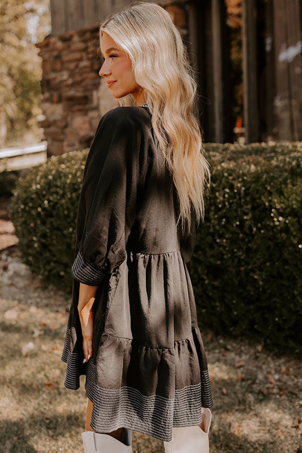 Black Contrast Stitched V Neck 3/4 Sleeve Swing Mini Dress - MAD RUFFI