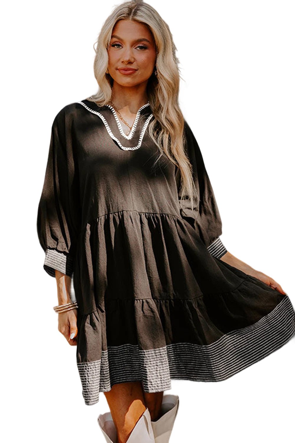 Black Contrast Stitched V Neck 3/4 Sleeve Swing Mini Dress - MAD RUFFI