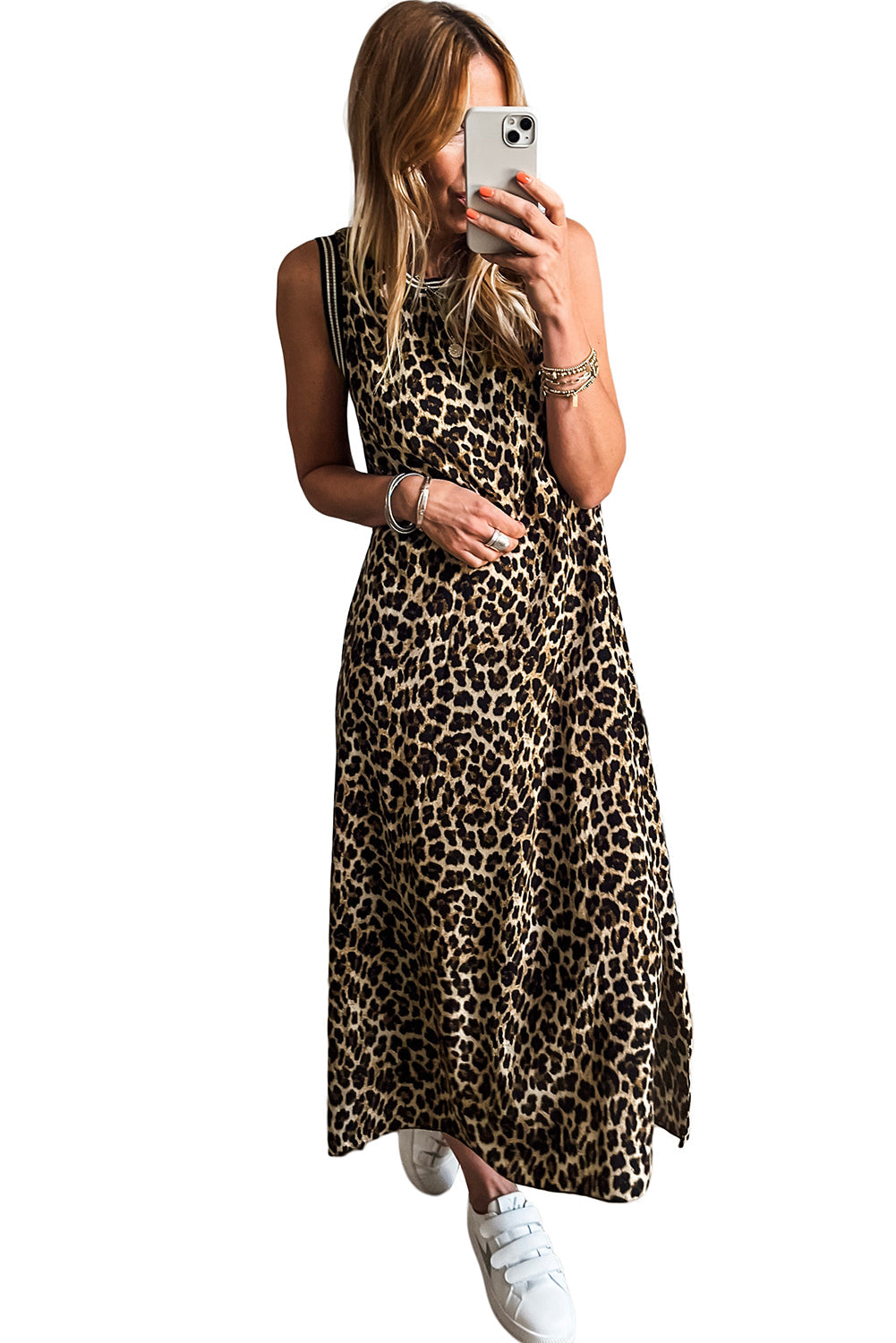 Black Contrast Striped Trim Leopard Sleeveless Midi Dress - MAD RUFFI