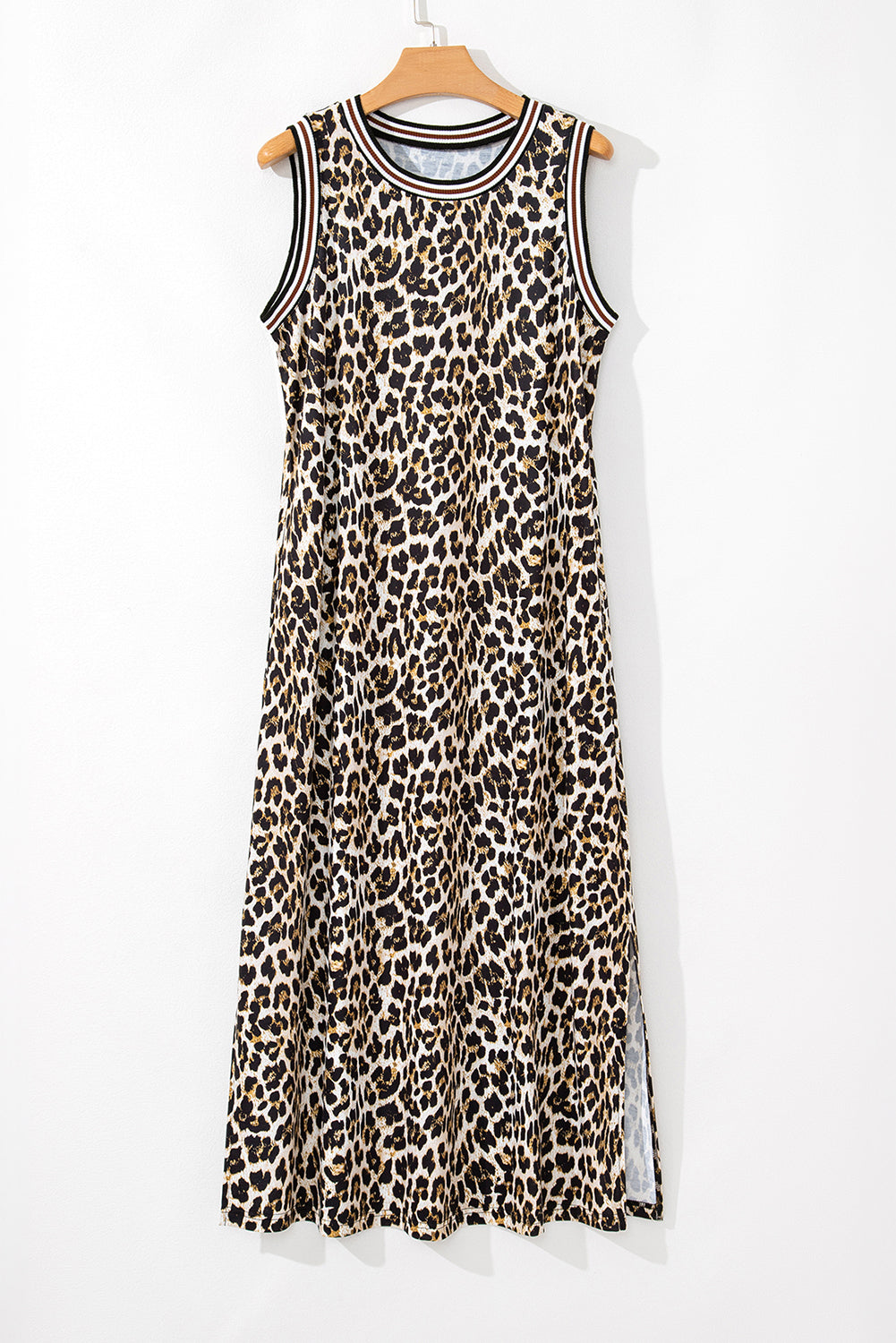 Black Contrast Striped Trim Leopard Sleeveless Midi Dress - MAD RUFFI