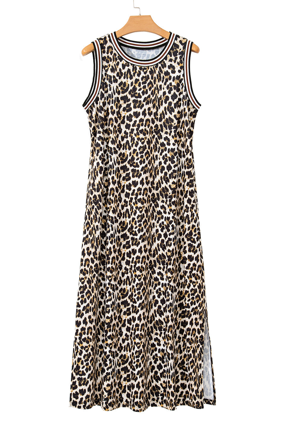 Black Contrast Striped Trim Leopard Sleeveless Midi Dress - MAD RUFFI