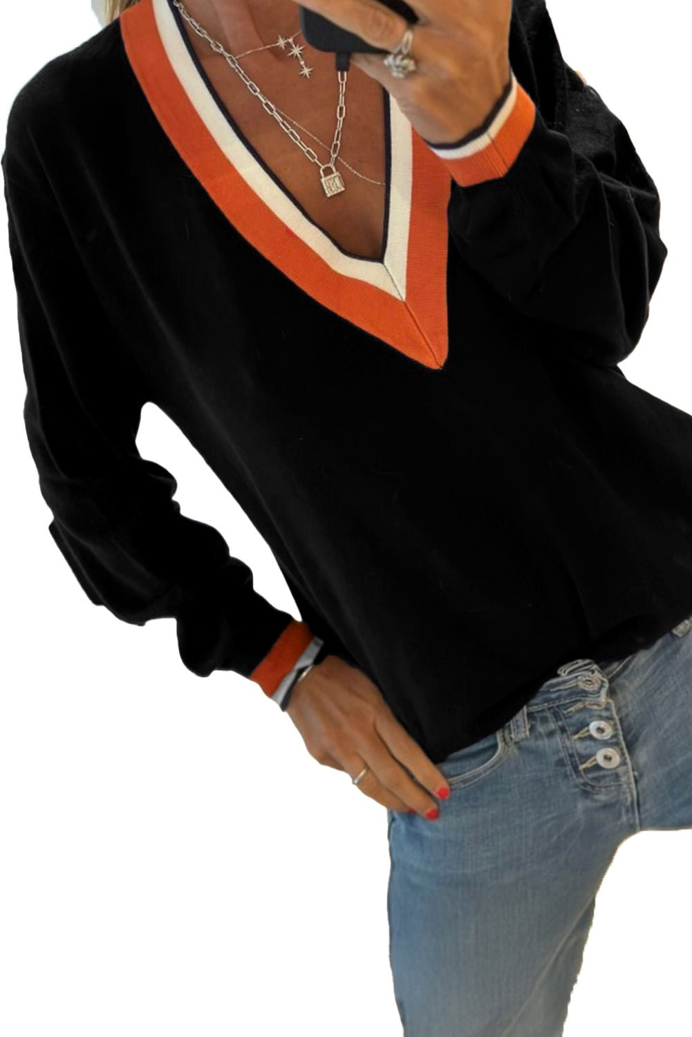 Black Contrast Striped Trim V Neck Knit Sweater - MAD RUFFI