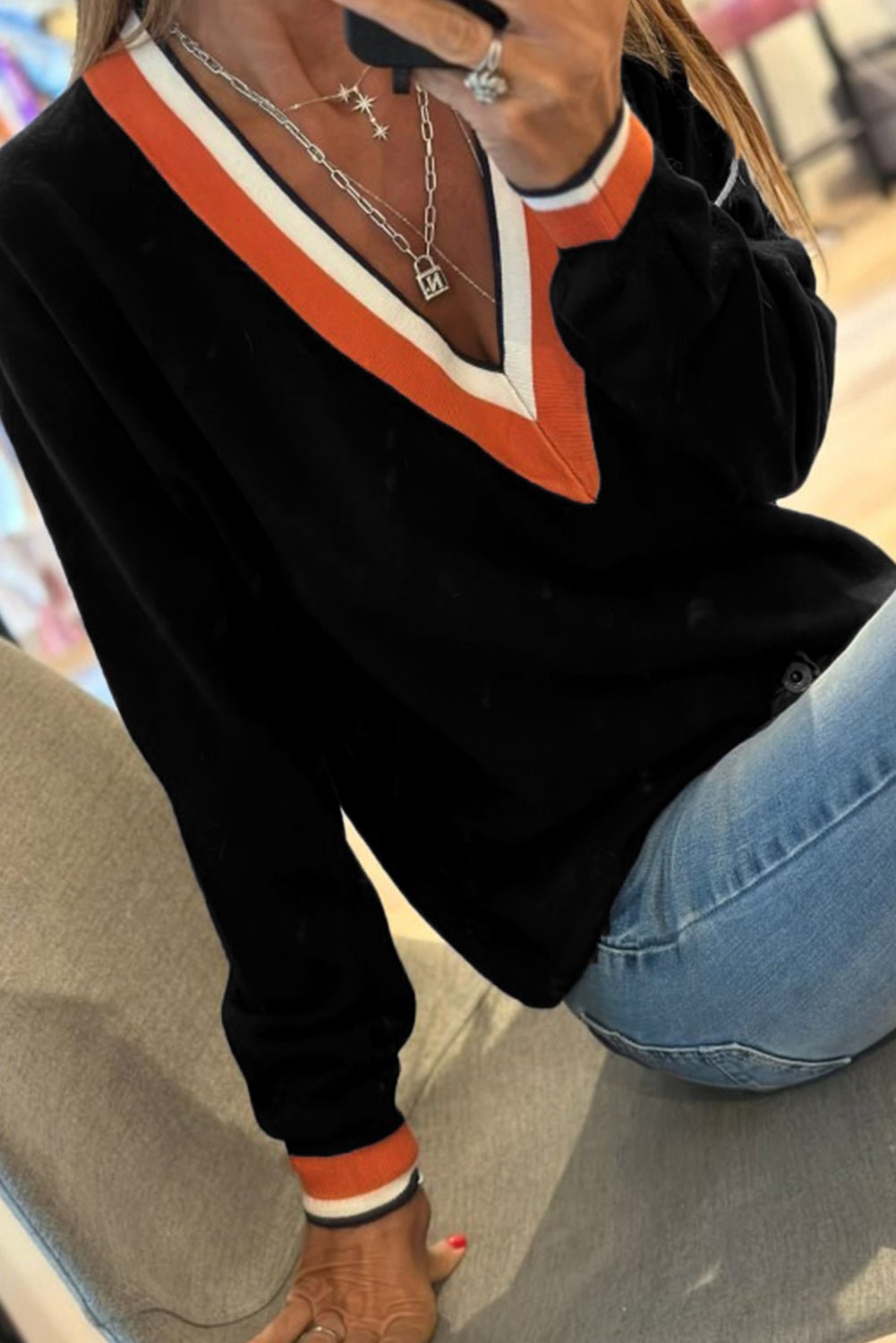 Black Contrast Striped Trim V Neck Knit Sweater - MAD RUFFI