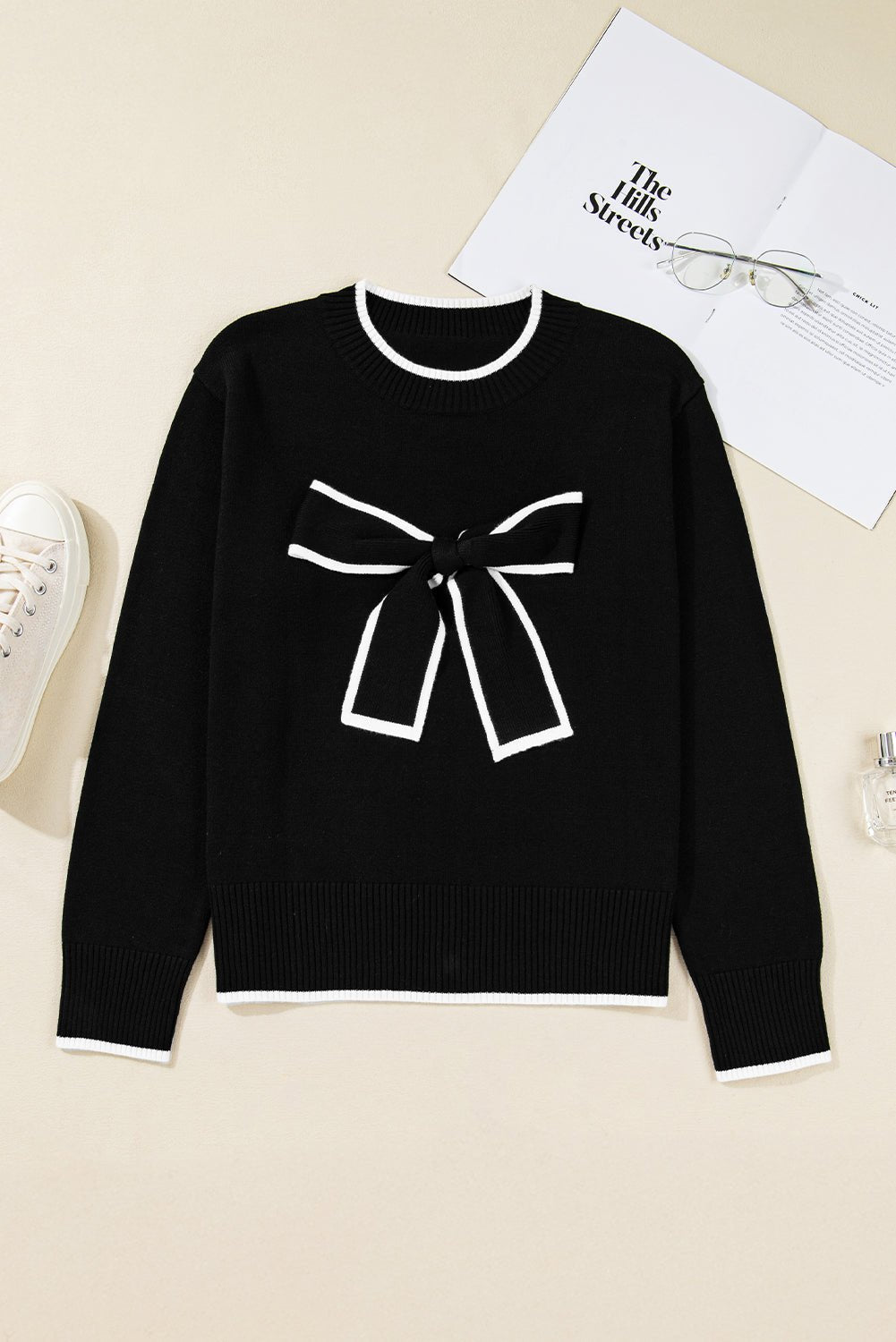 Black Contrast Trim Big Bow Accent Cropped Sweater - MAD RUFFI