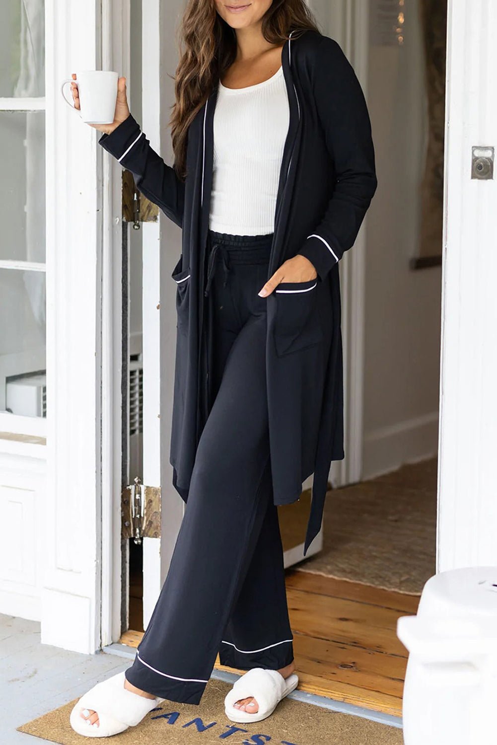 Black Contrast Trim Hooded Lounge Cardigan and Pants Set - MAD RUFFI
