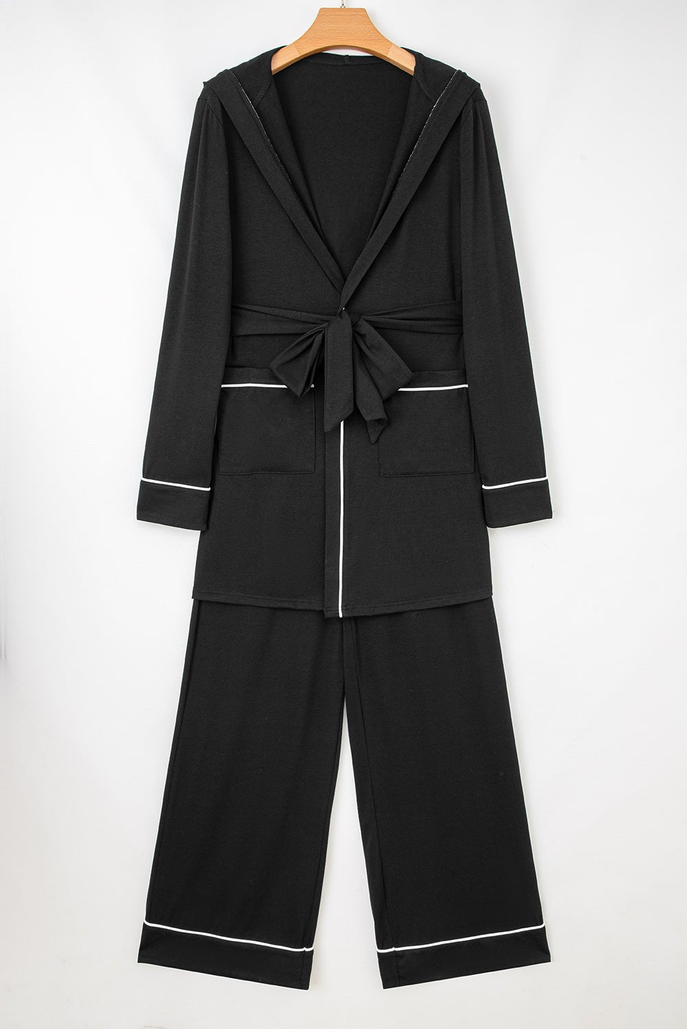 Black Contrast Trim Hooded Lounge Cardigan and Pants Set - MAD RUFFI
