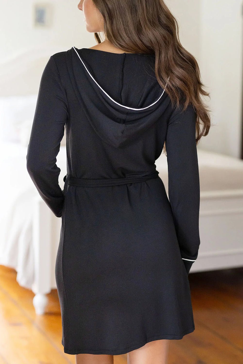 Black Contrast Trim Hooded Lounge Cardigan and Pants Set - MAD RUFFI