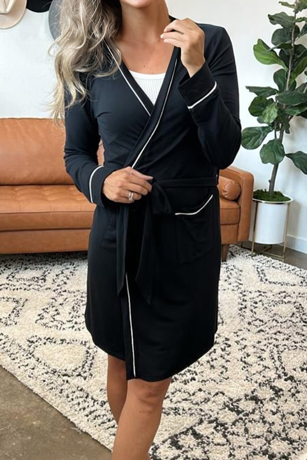 Black Contrast Trim Hooded Lounge Cardigan and Pants Set - MAD RUFFI