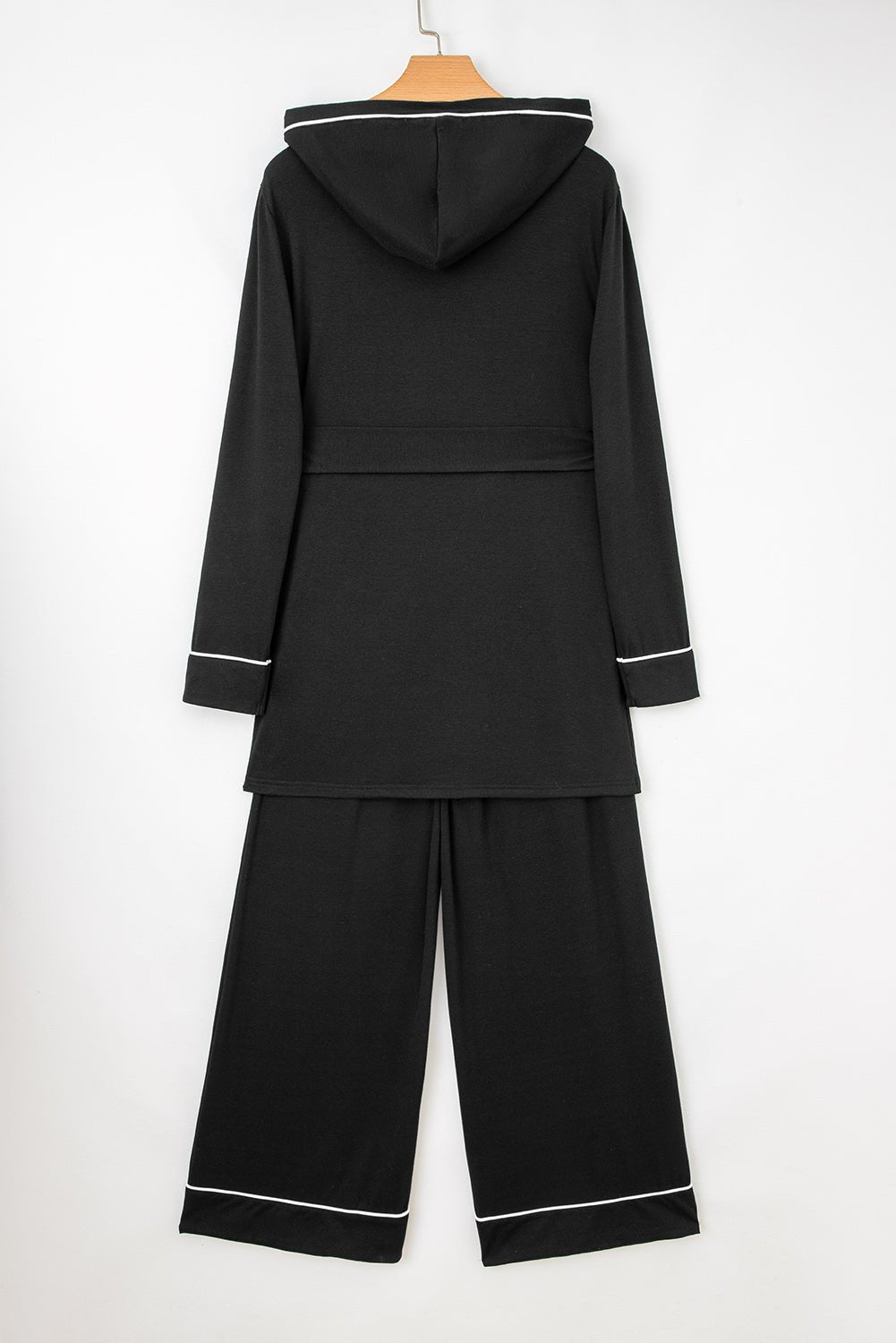 Black Contrast Trim Hooded Lounge Cardigan and Pants Set - MAD RUFFI