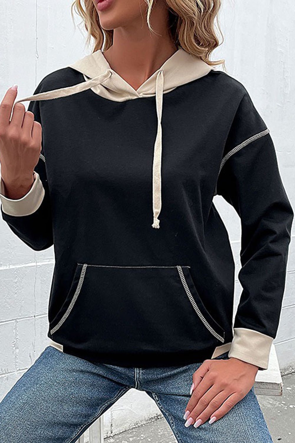 Black Contrast Trim Kangaroo Pocket Hoodie - MAD RUFFI