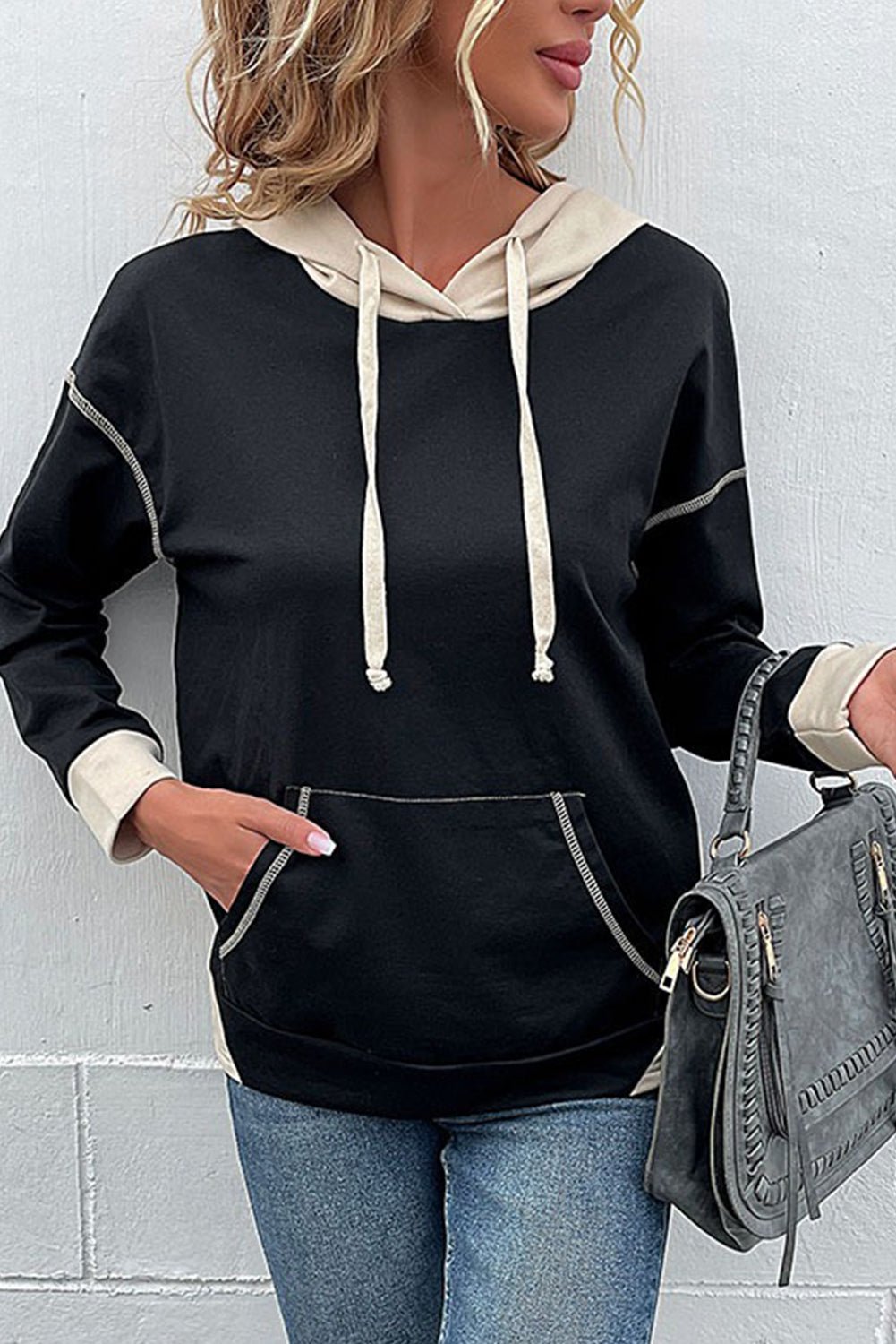 Black Contrast Trim Kangaroo Pocket Hoodie - MAD RUFFI