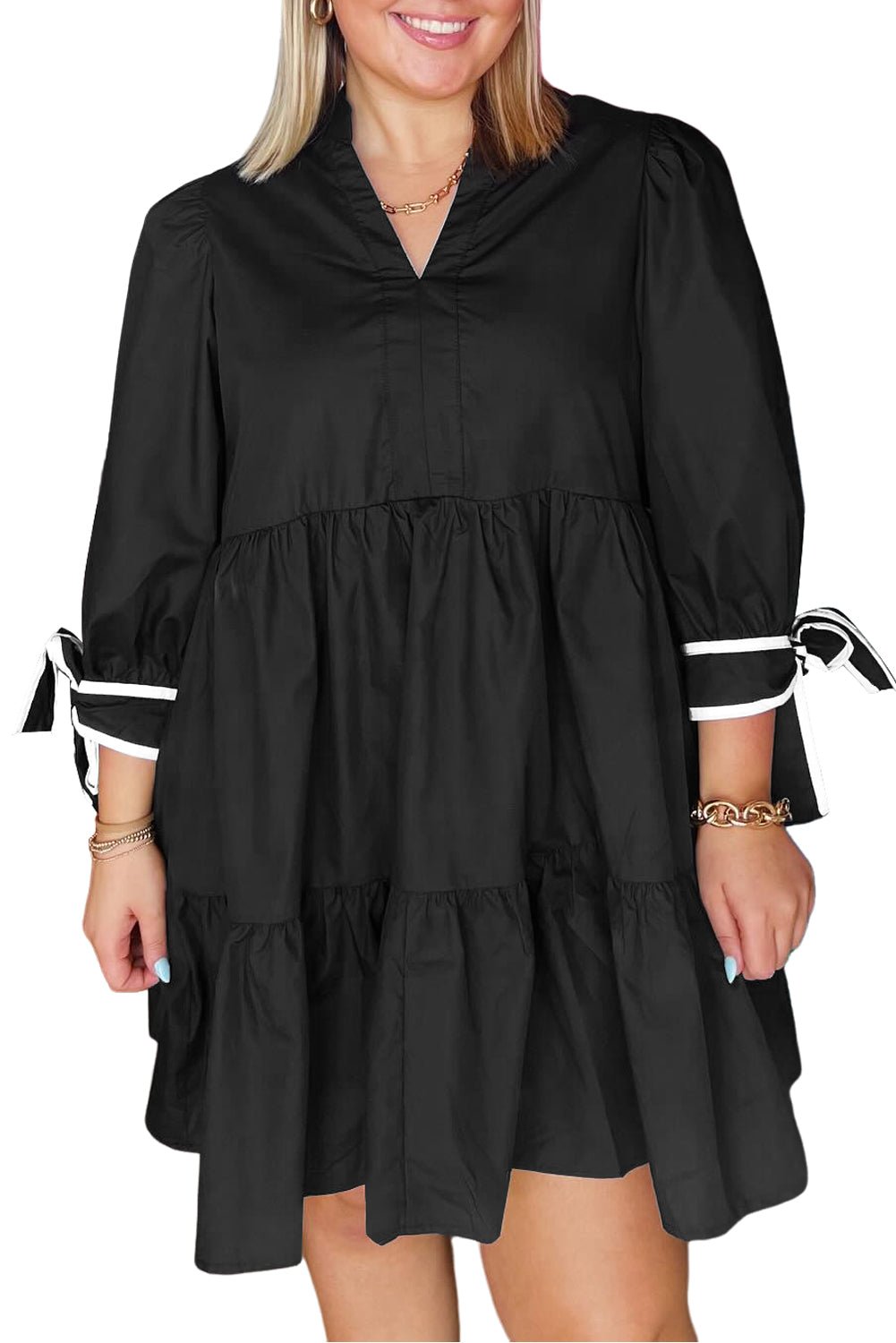 Black Contrast Trim Knot Cuffs Plus Size V Neck Mini Dress - MAD RUFFI