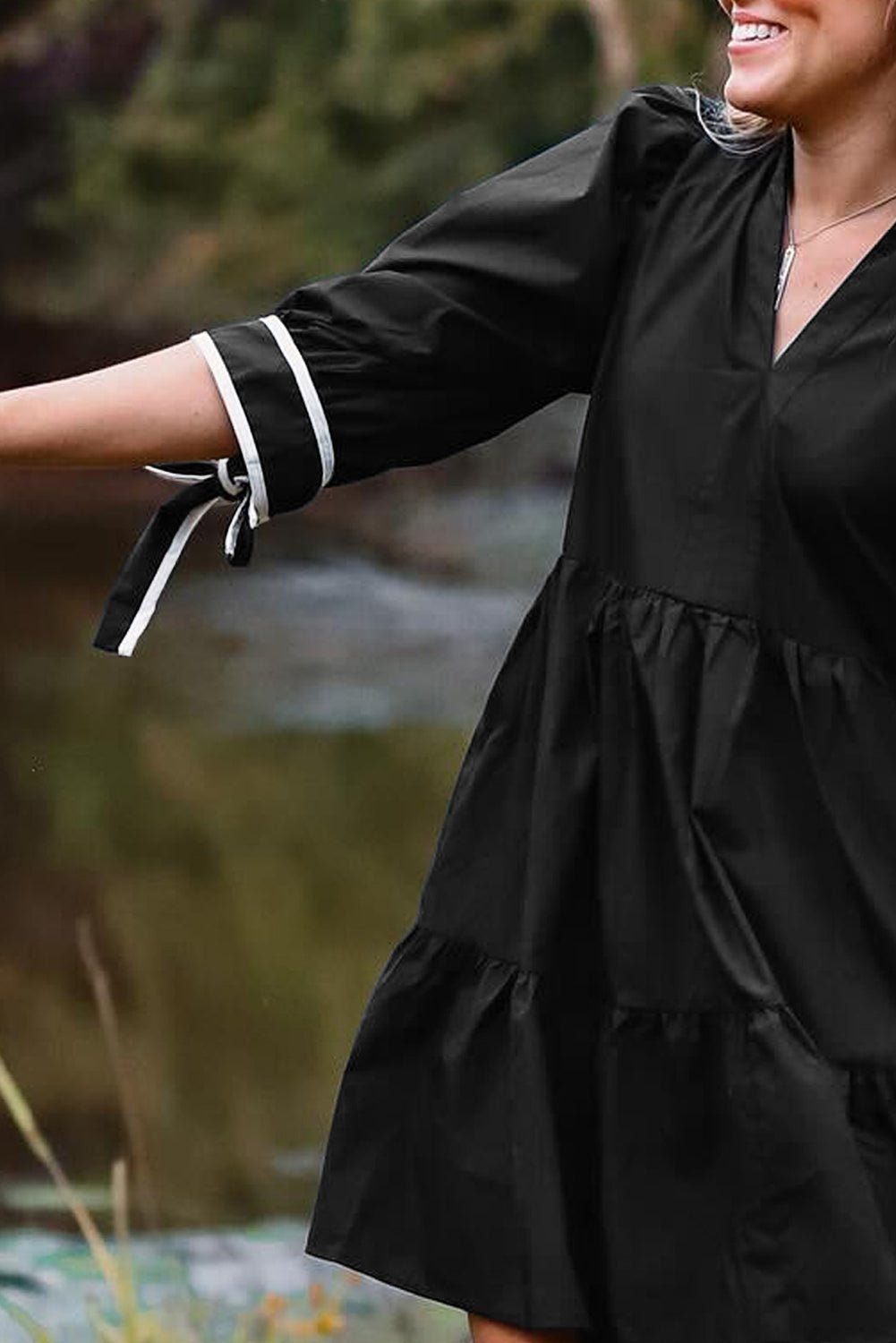 Black Contrast Trim Knot Cuffs Plus Size V Neck Mini Dress - MAD RUFFI