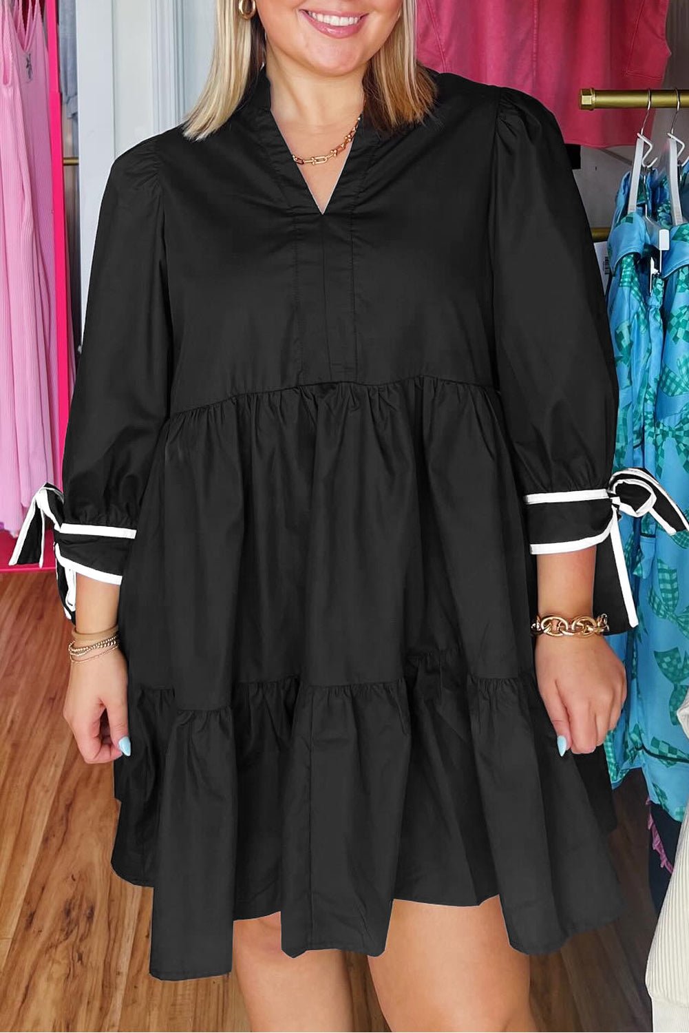 Black Contrast Trim Knot Cuffs Plus Size V Neck Mini Dress - MAD RUFFI