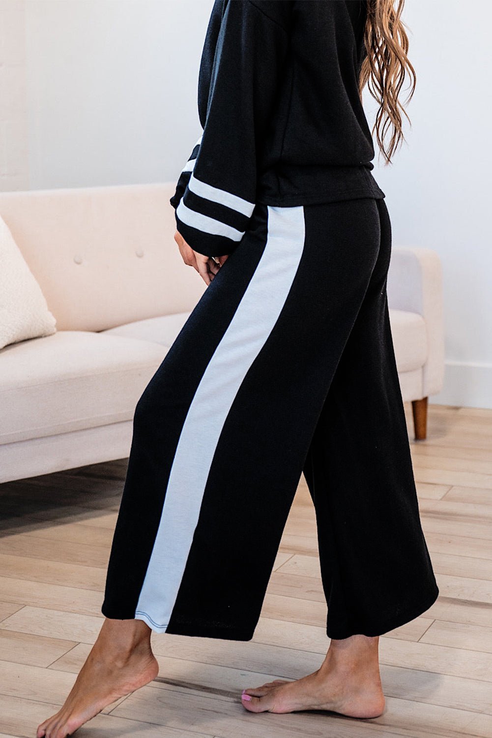 Black Contrast Trim Long Sleeve Pullover and Pants Set - MAD RUFFI