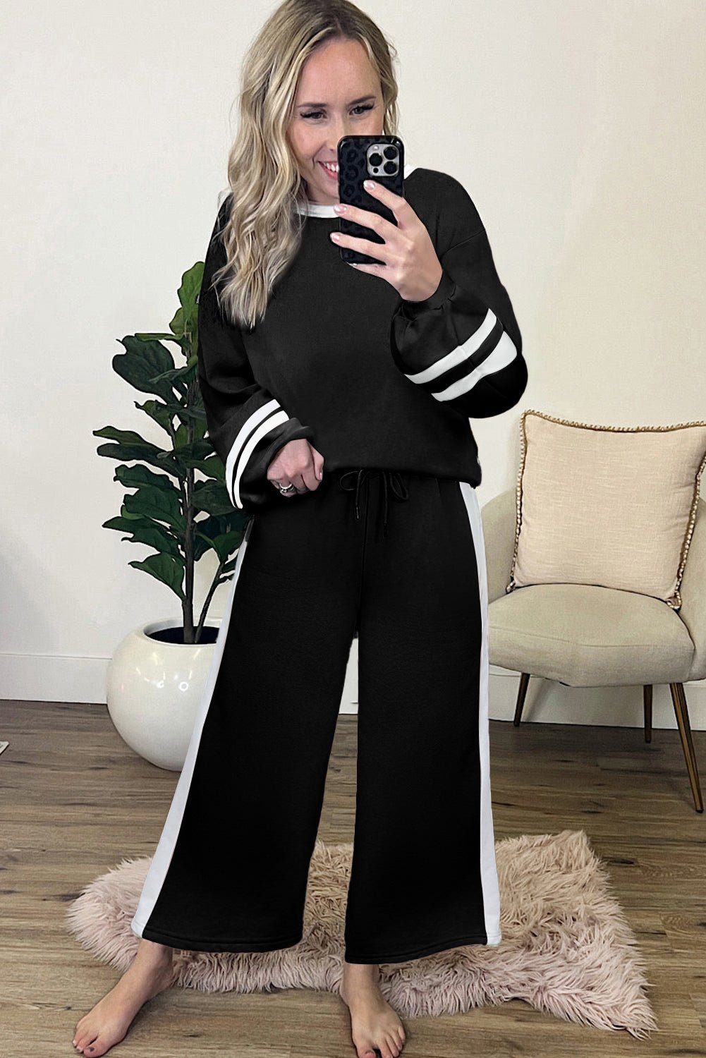 Black Contrast Trim Long Sleeve Pullover and Pants Set - MAD RUFFI