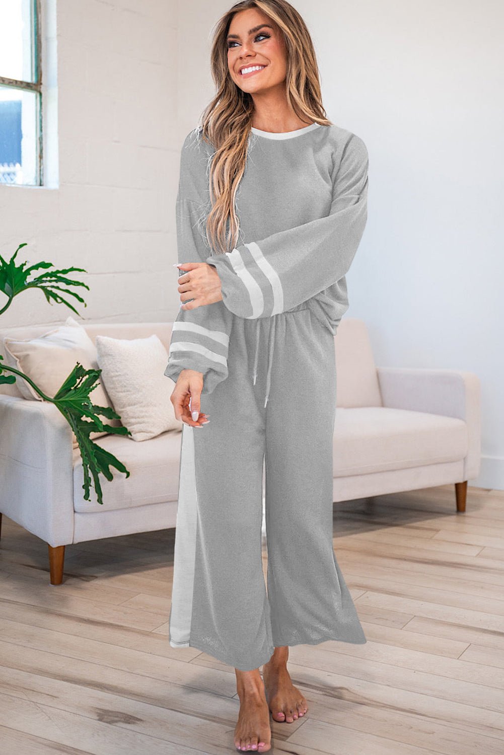 Black Contrast Trim Long Sleeve Pullover and Pants Set - MAD RUFFI