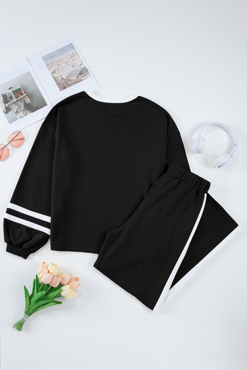 Black Contrast Trim Long Sleeve Pullover and Pants Set - MAD RUFFI