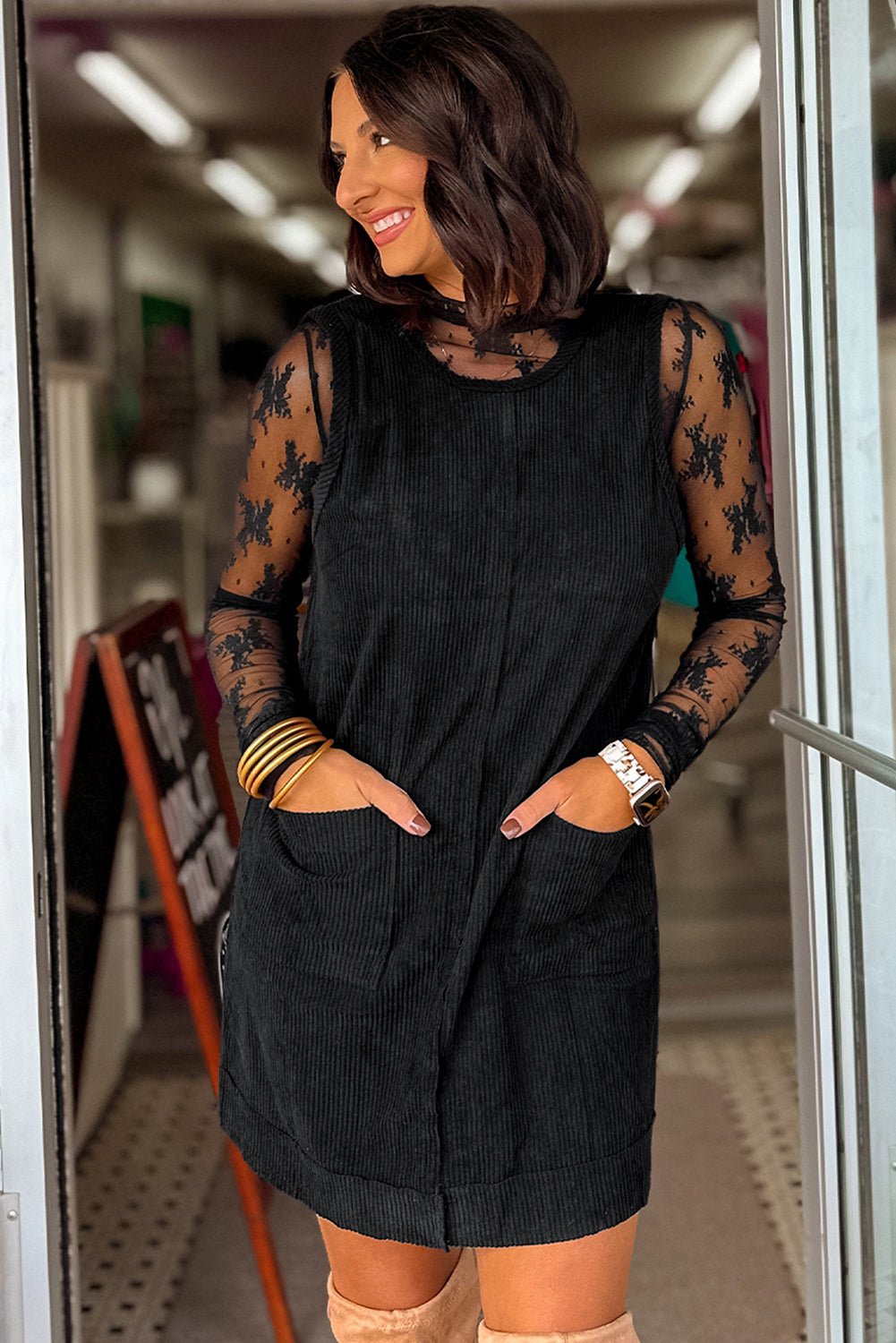 Black Corduroy Exposed Seam Sleeveless Mini Dress - MAD RUFFI