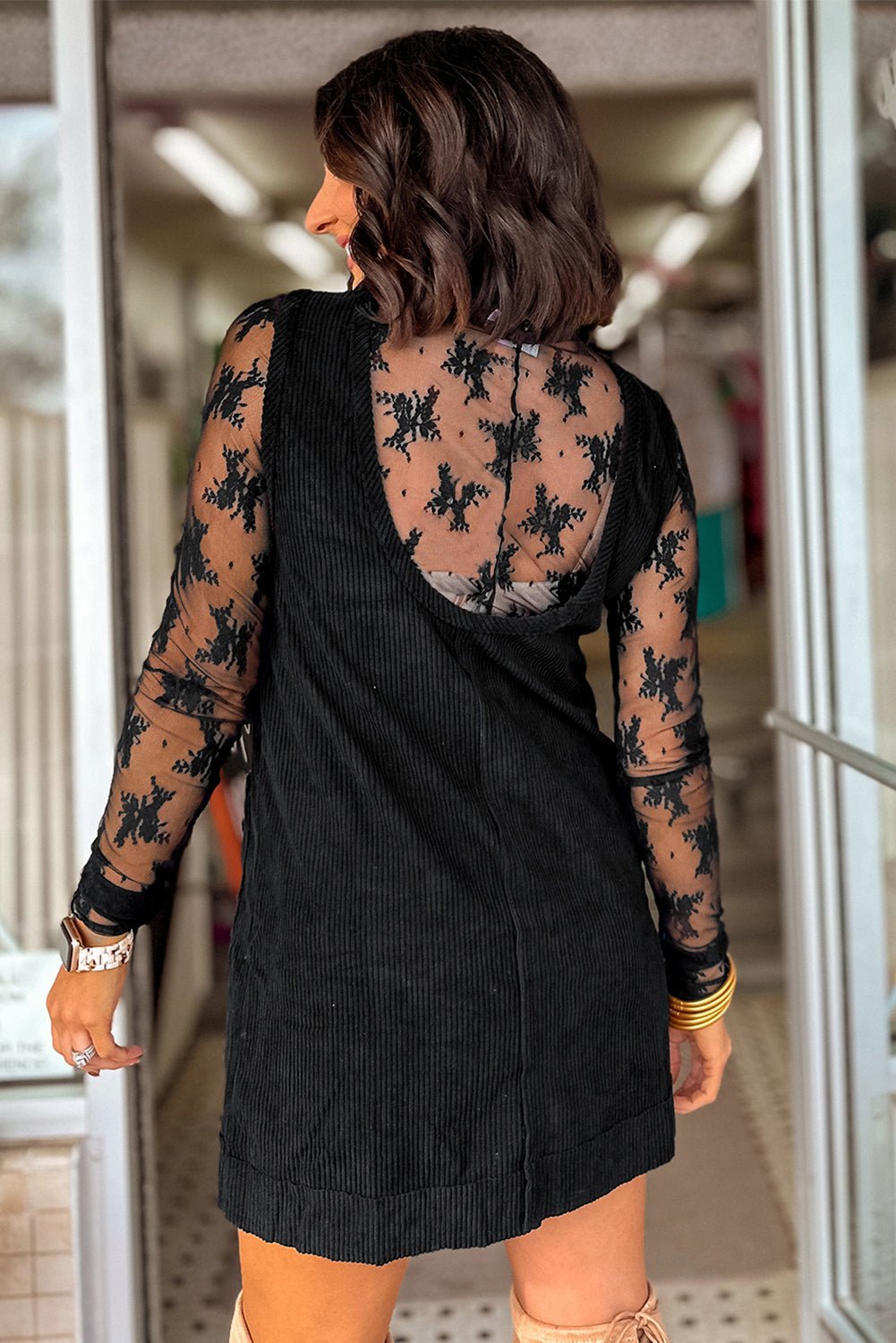 Black Corduroy Exposed Seam Sleeveless Mini Dress - MAD RUFFI