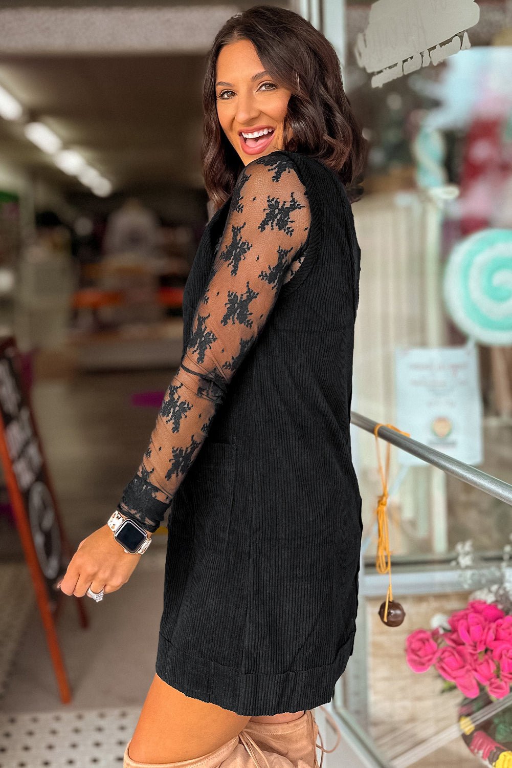 Black Corduroy Exposed Seam Sleeveless Mini Dress - MAD RUFFI