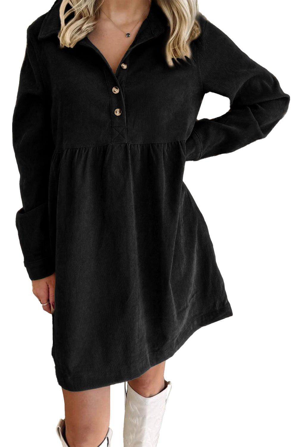 Black Corduroy Half Button Collared Long Sleeve Mini Dress - MAD RUFFI