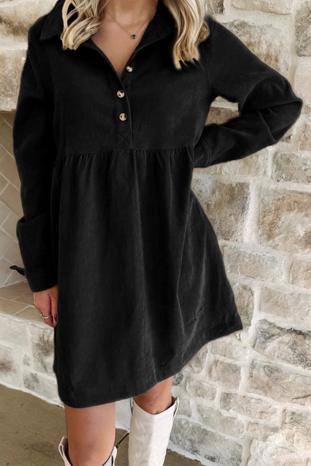 Black Corduroy Half Button Collared Long Sleeve Mini Dress - MAD RUFFI