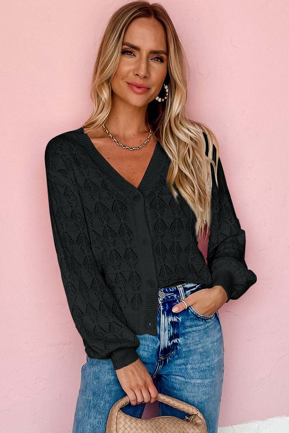 Black Crochet Cardigan – Lightweight, Button - Up, Boho Layering Piece - MAD RUFFI