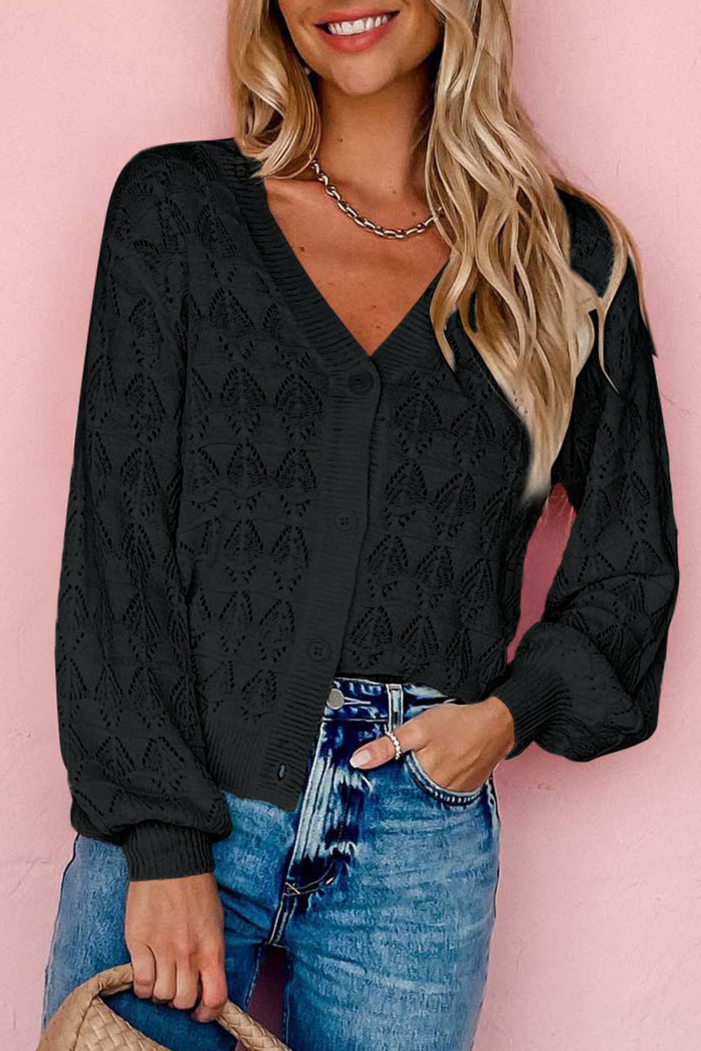 Black Crochet Cardigan – Lightweight, Button - Up, Boho Layering Piece - MAD RUFFI