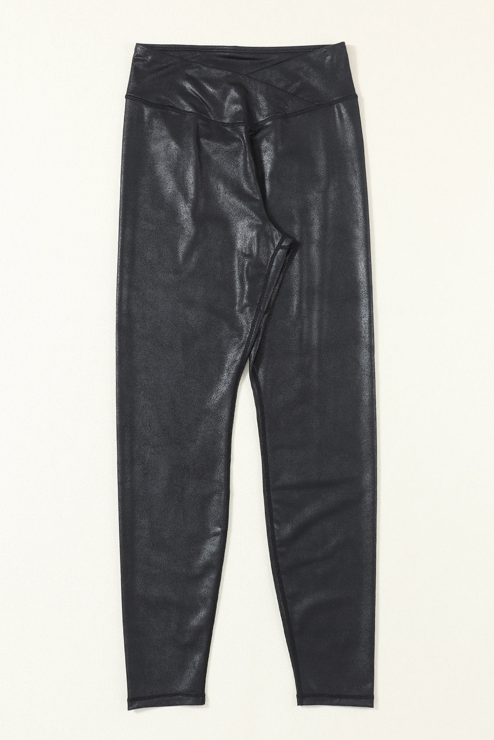 Black Crossed Dip Waist Sleek Leather Leggings - MAD RUFFI