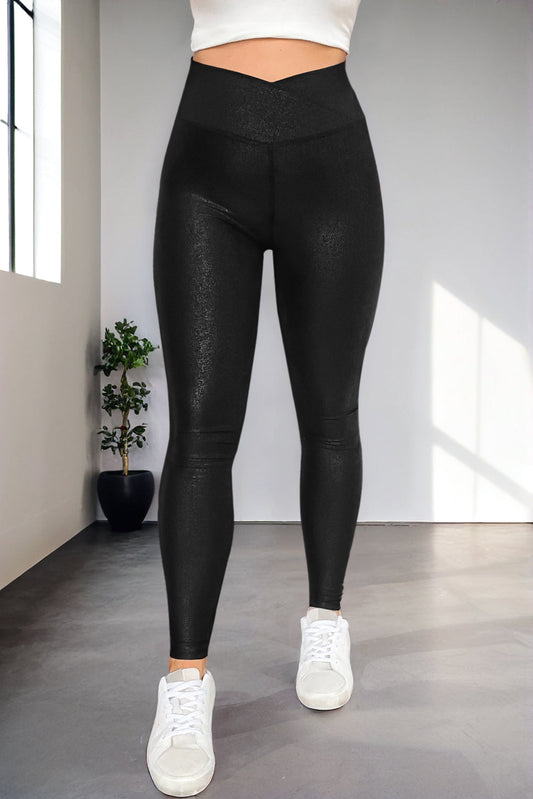 Black Crossed Dip Waist Sleek Leather Leggings - MAD RUFFI