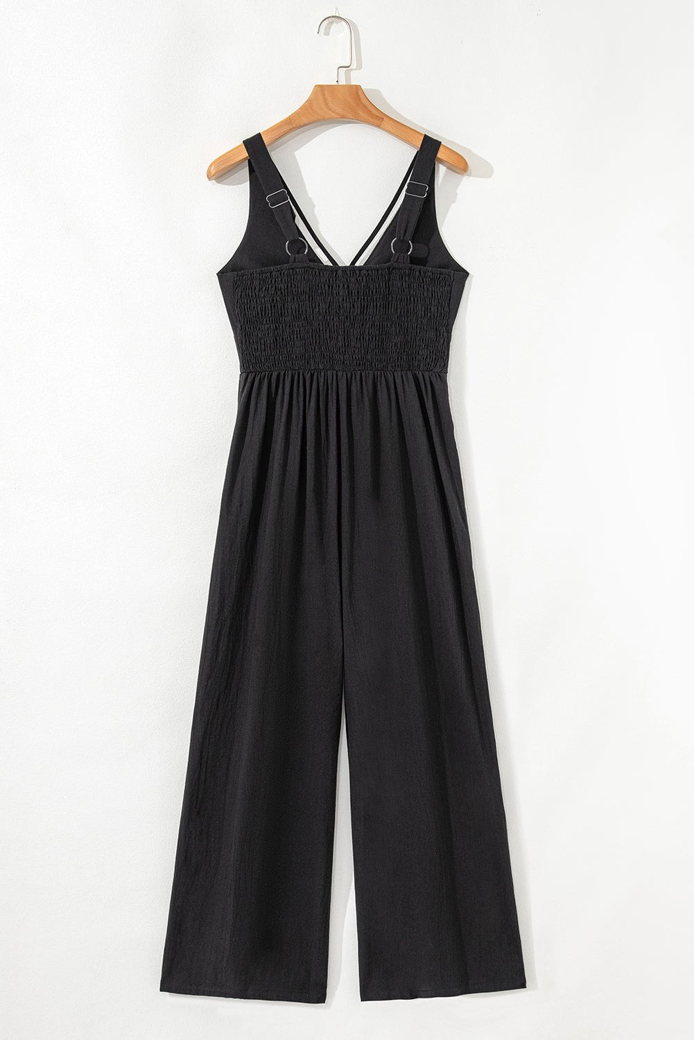 Black Cut Out Smocked Back Sleeveless Wide Leg Jumpsuit - MAD RUFFI